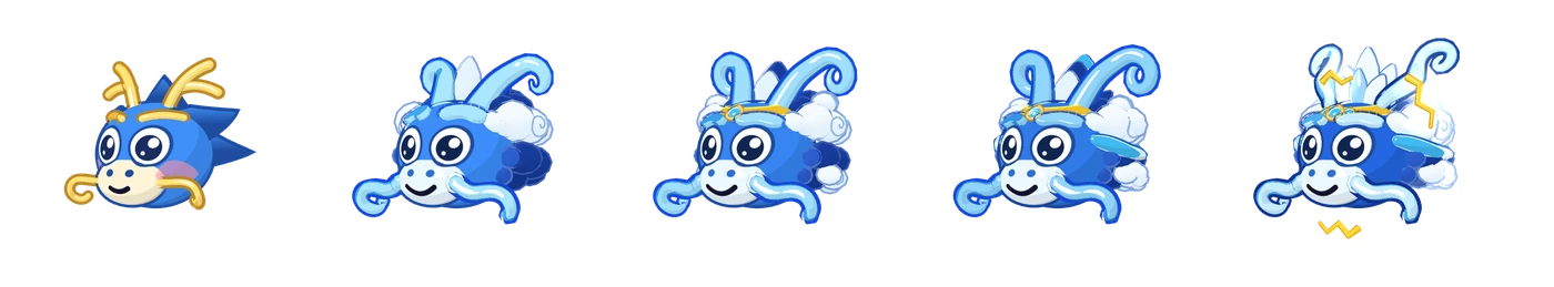 The five tiers of the Cloud dragons, from the first to the highest, in their full-detail models.