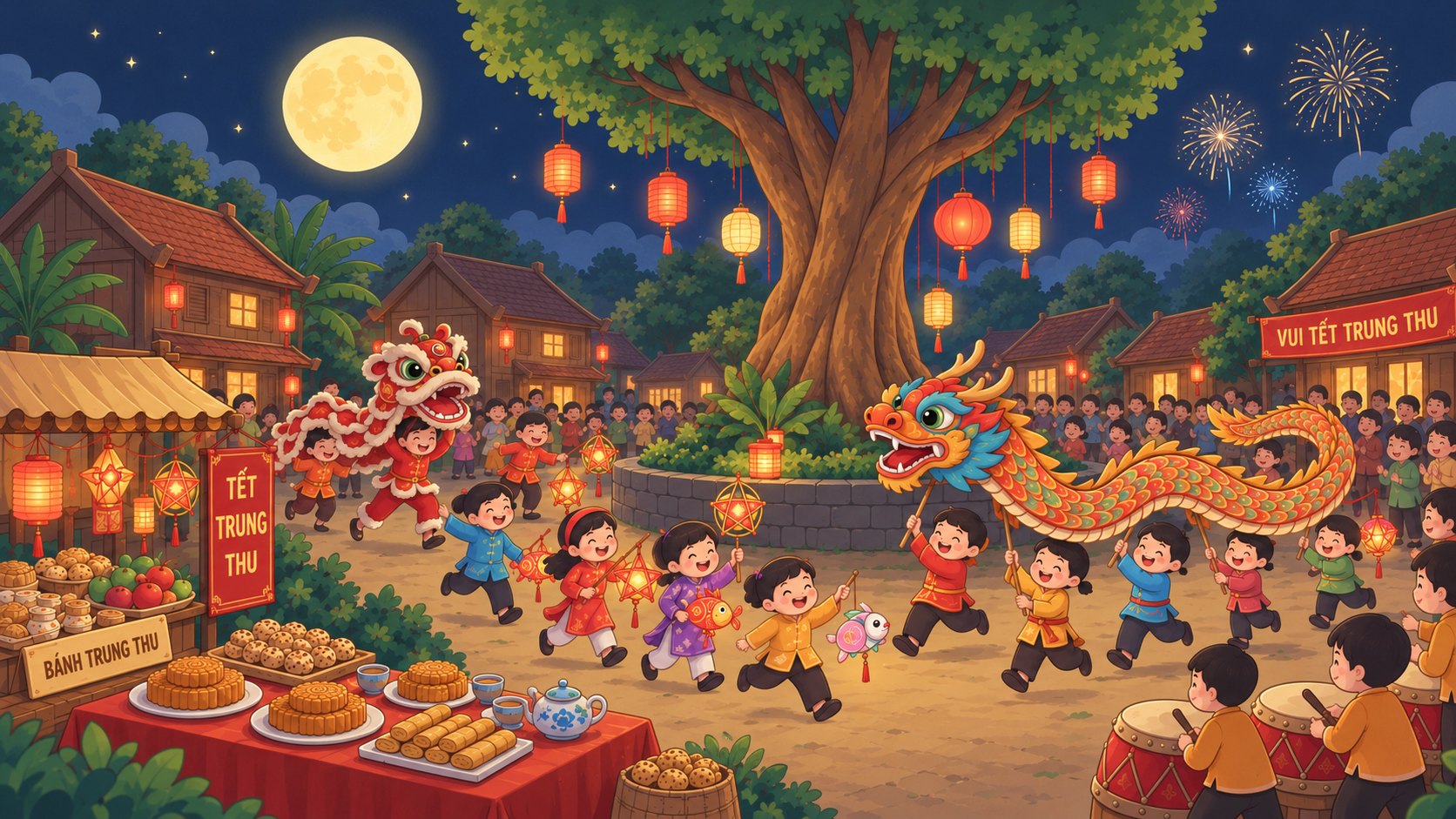 A village on a full-moon night: children in colourful clothes run with star lanterns and a carp lantern, a lion dance and a long dragon dance pass by, mooncakes wait on a red table and lanterns hang from a great tree.