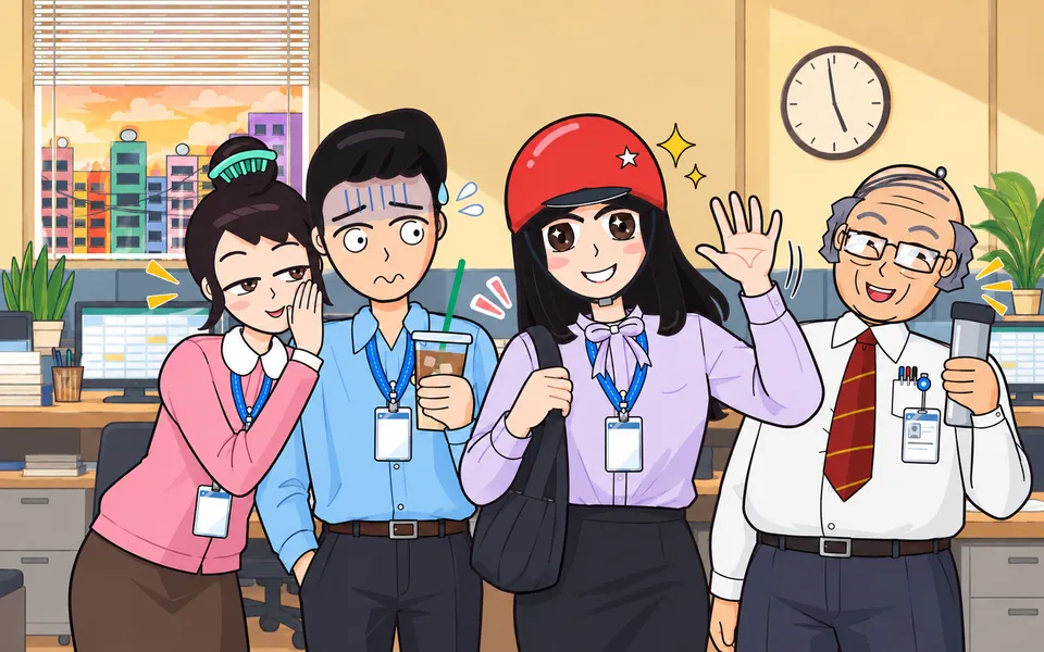 Four office workers as the wall clock nears five: a young woman in a red helmet waves goodbye with her bag on her shoulder, while a colleague whispers to a startled young man holding an iced coffee, and a smiling older boss in a tie holds his flask.