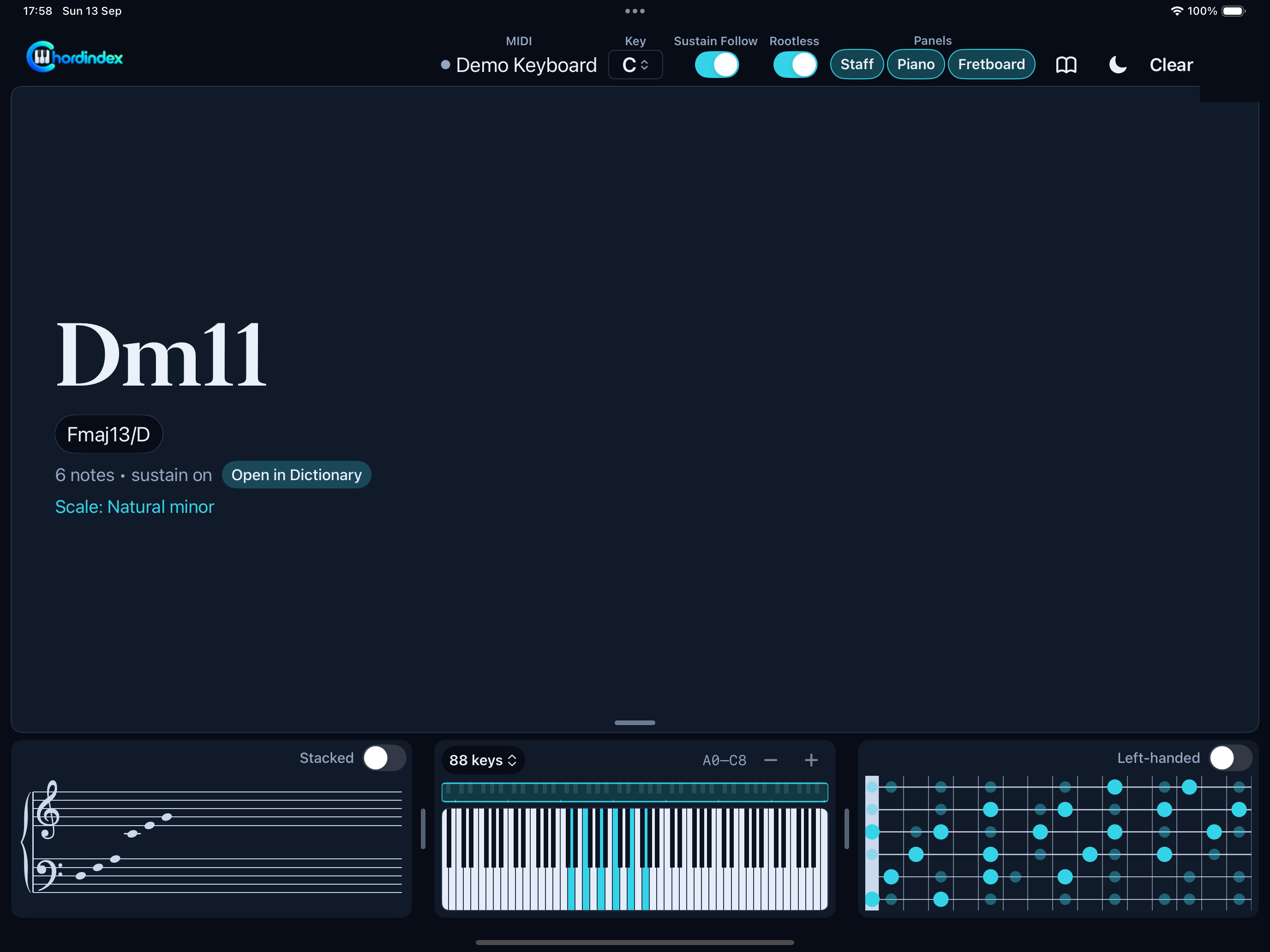 Chordindex identifying an 11th chord from a MIDI keyboard, with the piano, guitar fretboard, and staff notation all showing the same notes on a wide iPad layout