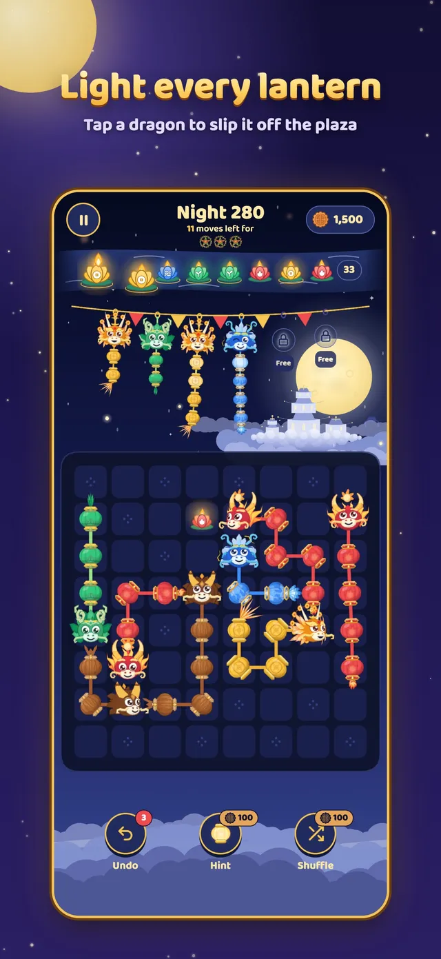 Du Long: Moonlit Night, Night 280 in play, lantern dragons on the plaza and the lotus river above