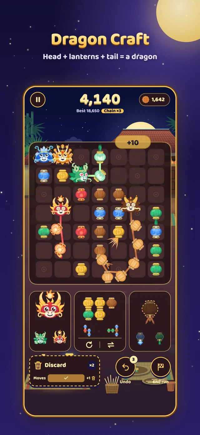 Du Long: Dragon Craft, heads, lanterns and tails joining into dragons on the board