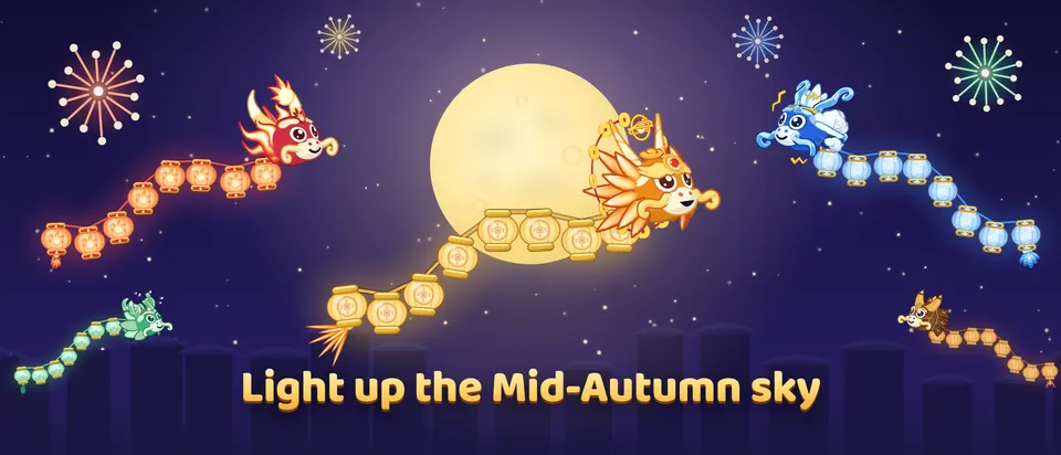 Lantern dragons of five colours fly around a glowing full moon over the festival rooftops, fireworks bursting above, under the line Light up the Mid-Autumn sky.