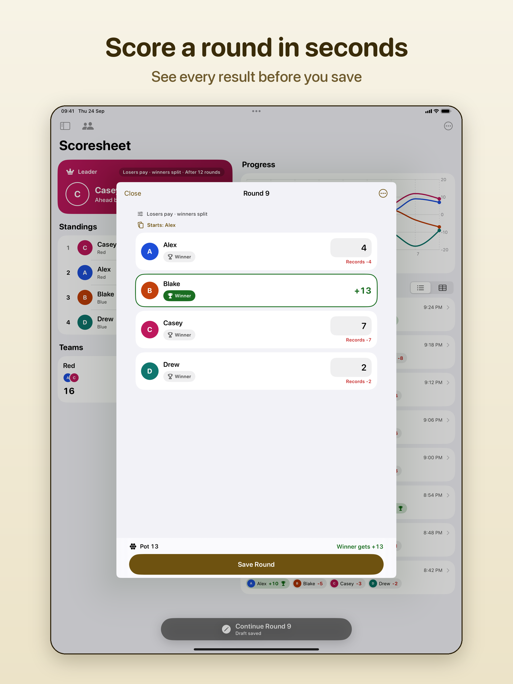 Entering a round on iPad, in a sheet over the scoresheet, with the winner marked and each loser's amount typed in.