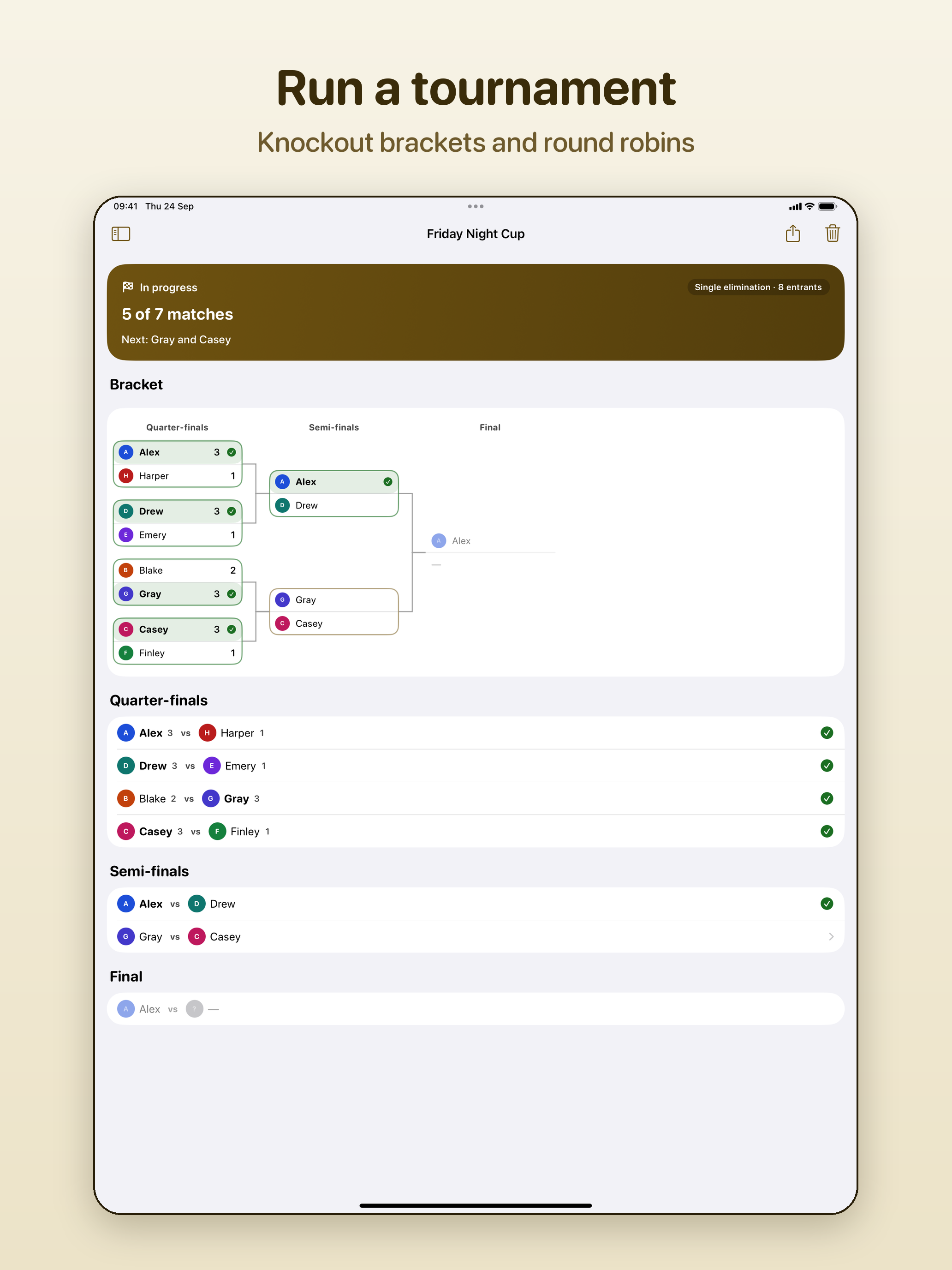 A tournament bracket on iPad, showing the quarter-finals, semi-finals and final with the match results beside it.