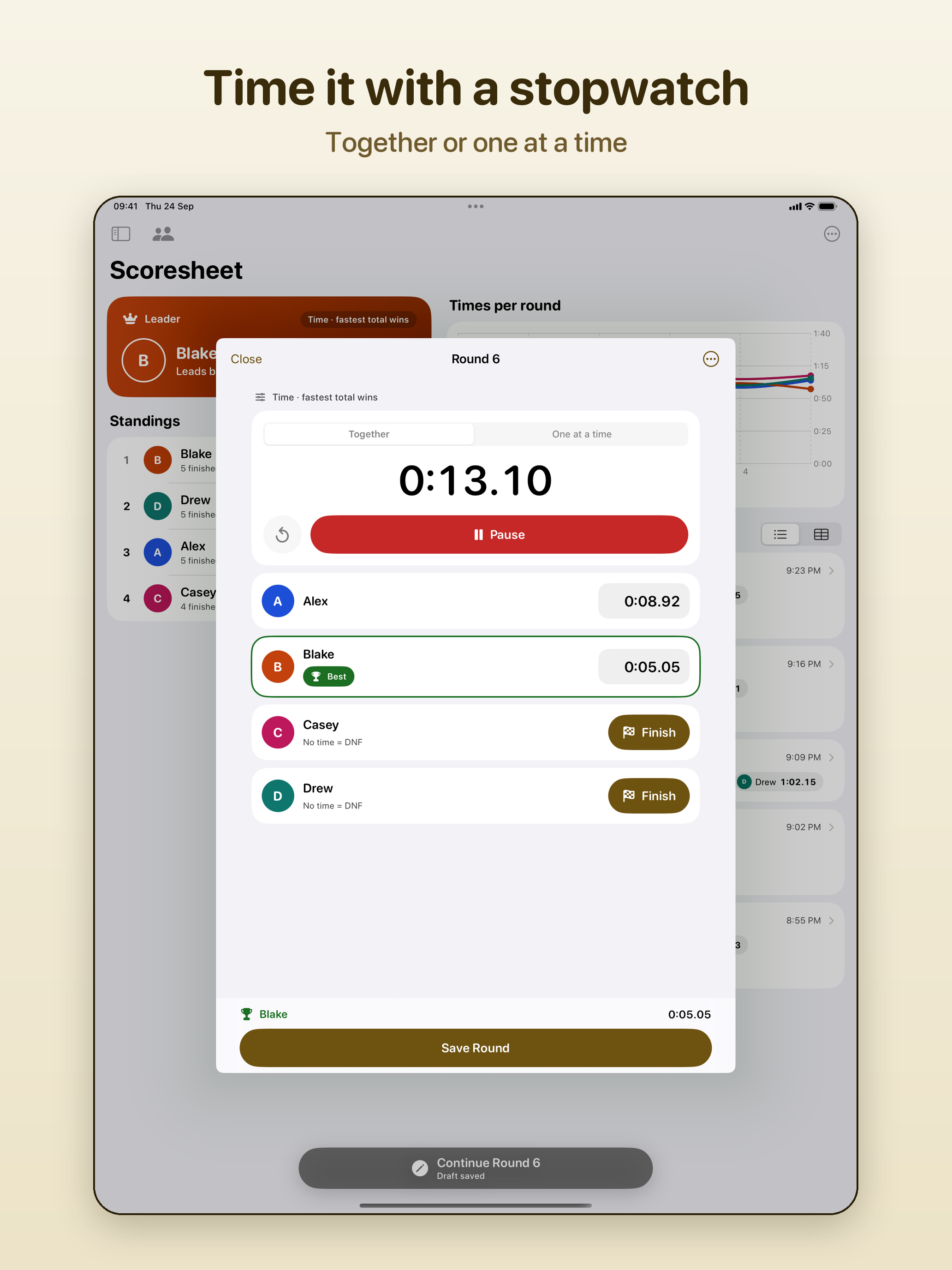The round stopwatch on iPad in a sheet over the scoresheet, with a Finish button for each player still running.