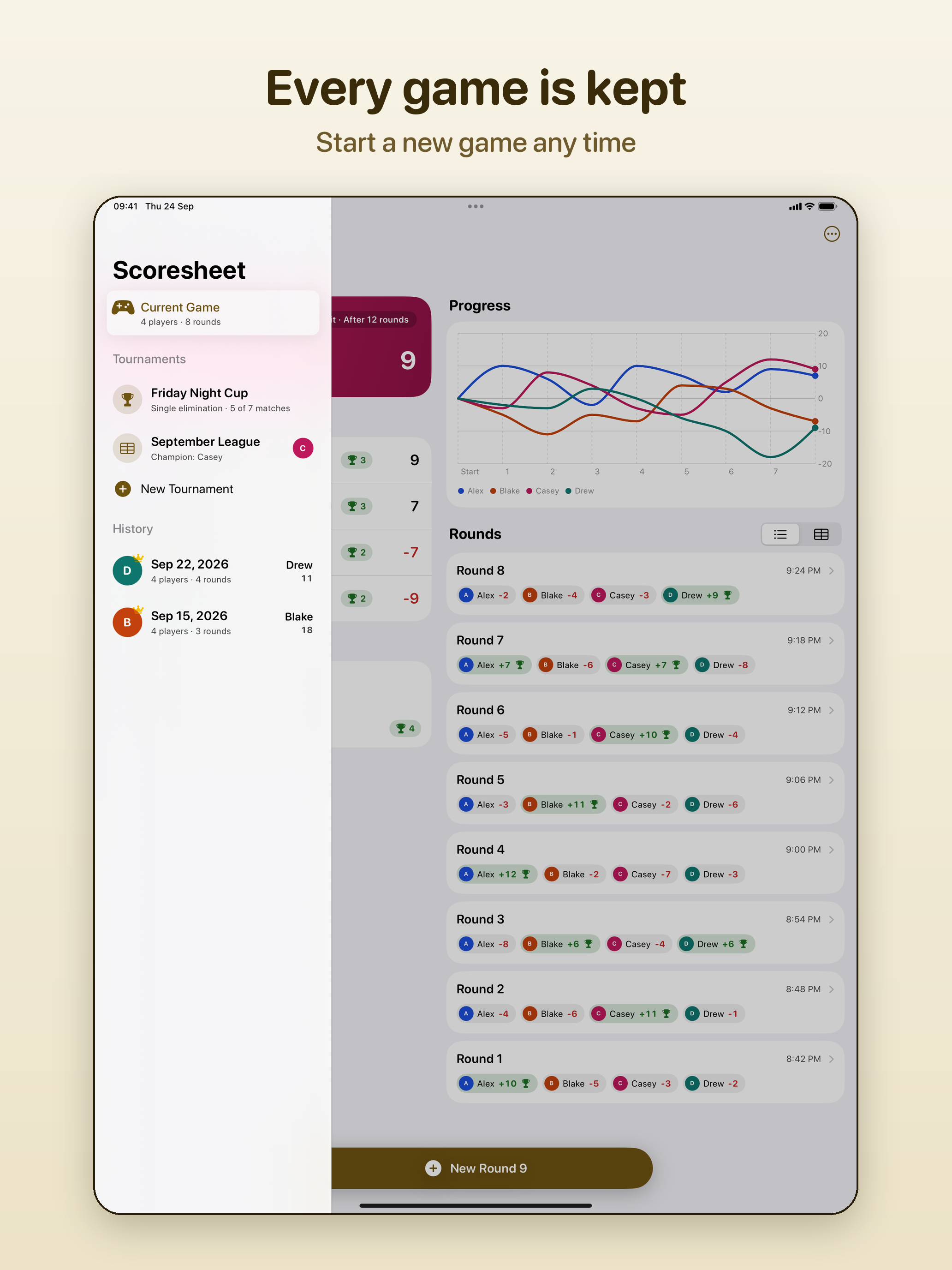 The iPad sidebar with the current game, tournaments and History, beside the scoresheet.