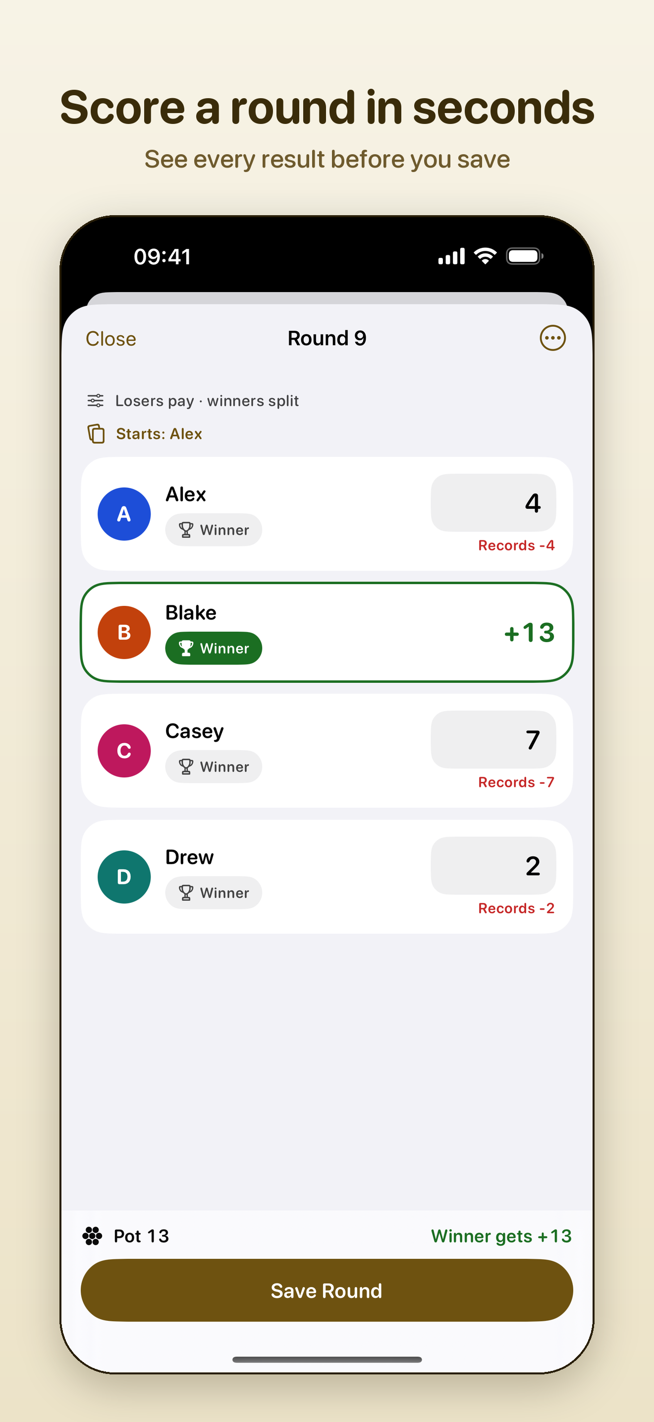 Entering a round on iPhone: Blake is marked as the winner with plus 13, and what Alex, Casey and Drew owe is typed beside each name.