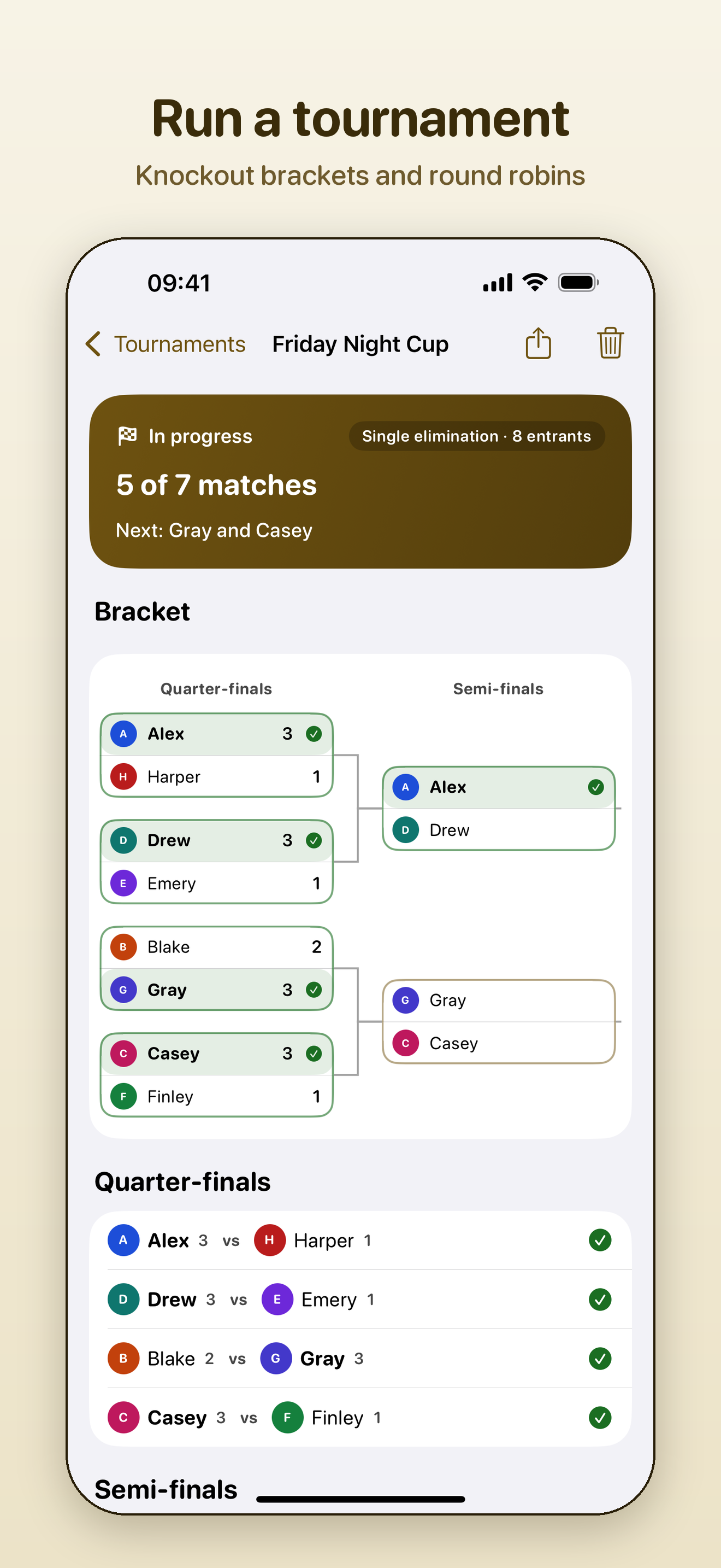 A tournament called Friday Night Cup on iPhone, 5 of 7 matches played, showing its quarter-final and semi-final bracket and the quarter-final results.