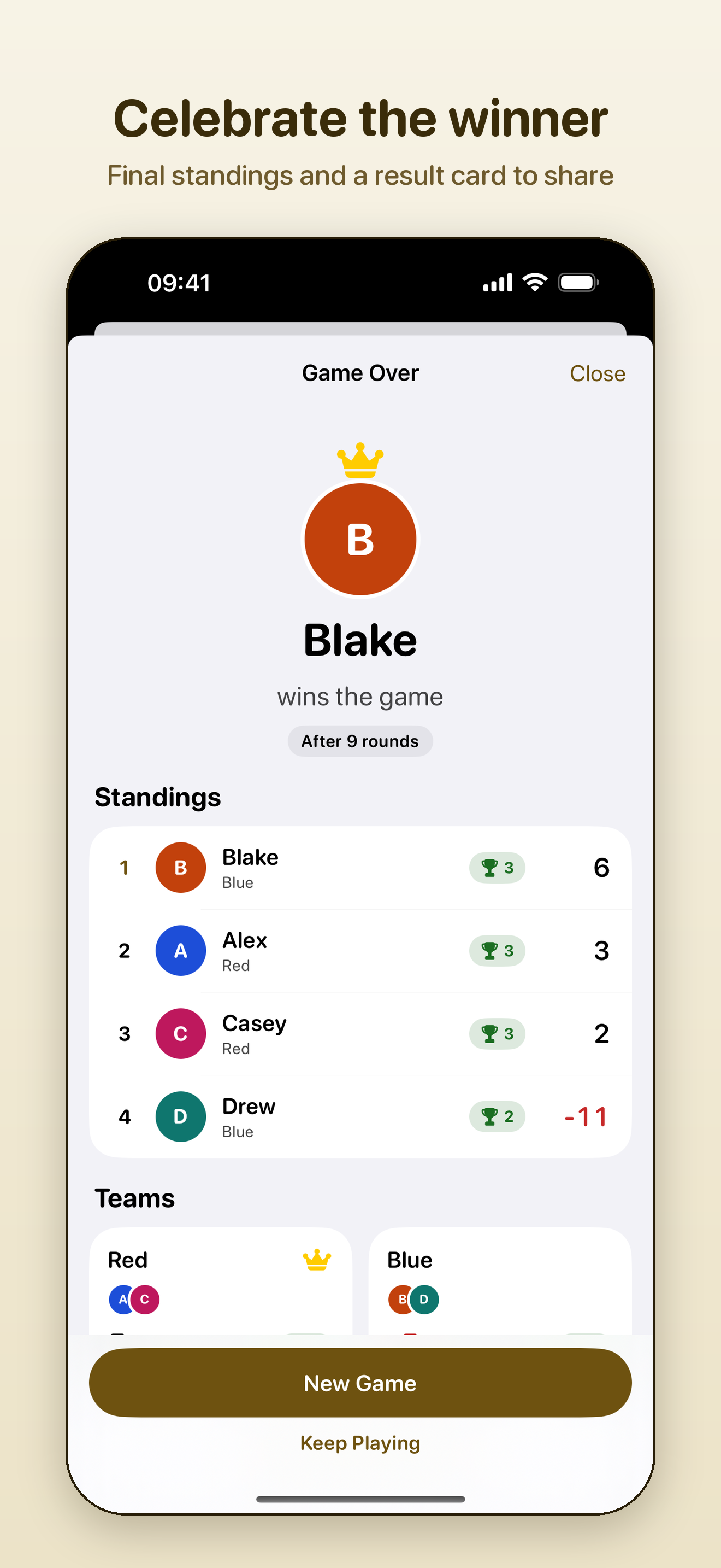 The Game Over screen on iPhone: Blake wins the game after 9 rounds, with the final standings and buttons for New Game and Keep Playing.