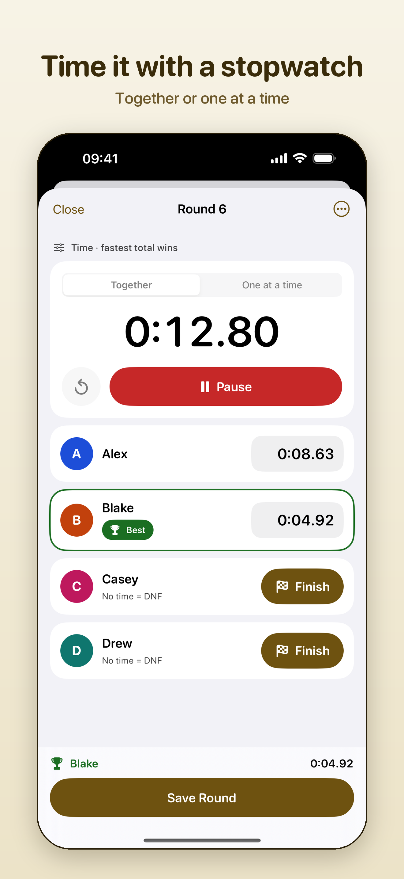 The round stopwatch on iPhone running with a Pause button; Blake is marked best, Alex has finished, and Casey and Drew each have a Finish button.