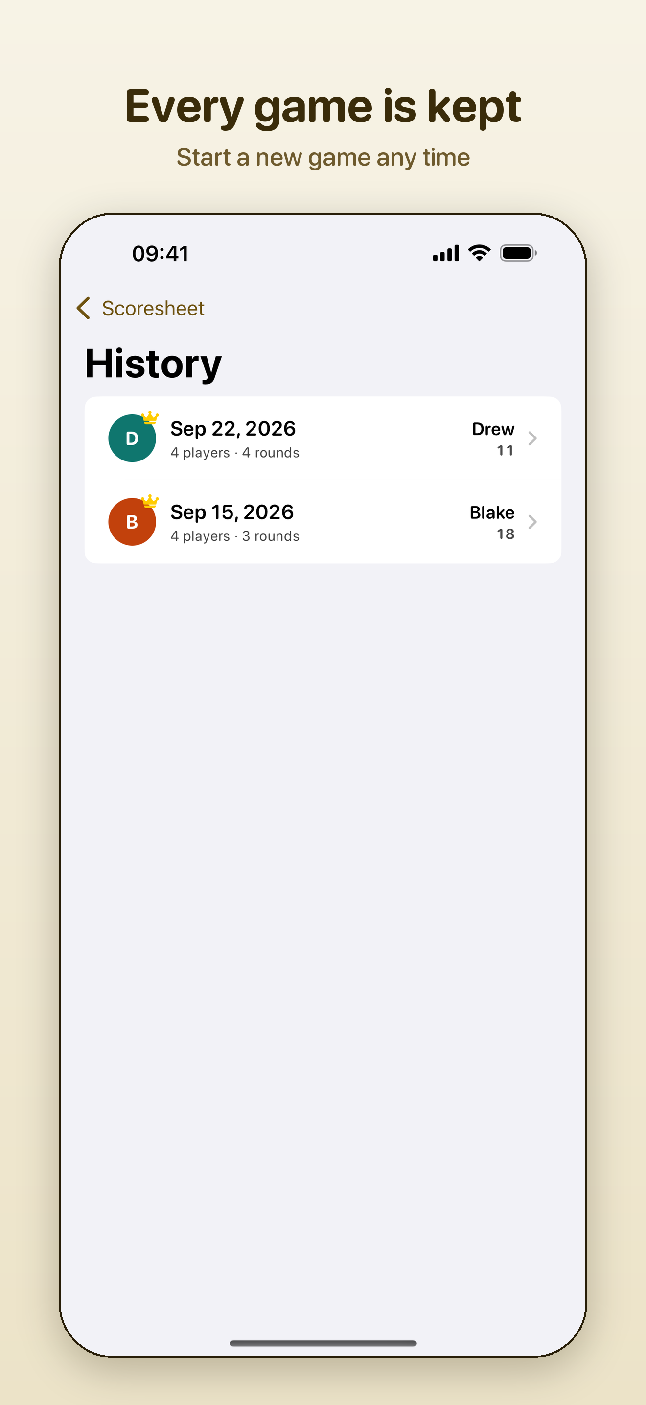 The History screen on iPhone, listing finished games with their dates, players, rounds and winners.