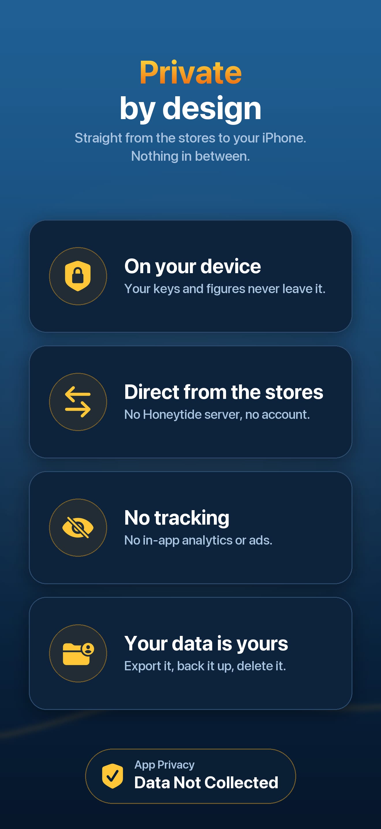 Private by design. Straight from the stores to your iPhone, nothing in between: on your device, direct from the stores, no tracking, your data is yours, and the App Privacy label Data Not Collected.