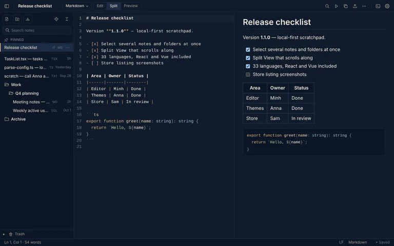 Palim in Chrome, in Split View: Markdown source on the left, its live preview on the right.
