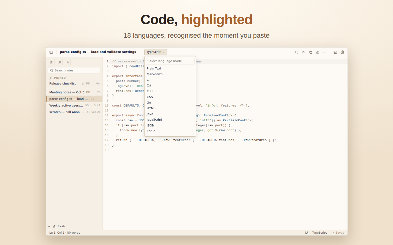 Code, highlighted. A TypeScript note and the language picker.
