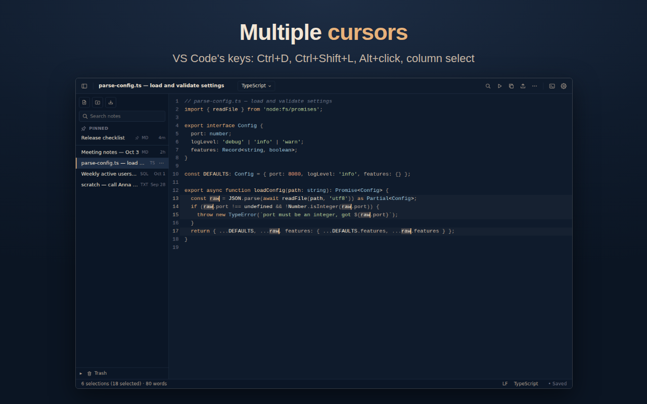Multiple cursors. Every &ldquo;raw&rdquo; selected at once in a TypeScript note.