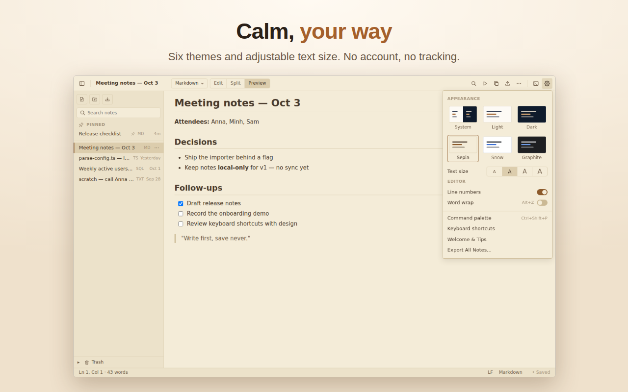 Calm, your way. The Settings panel with six themes.