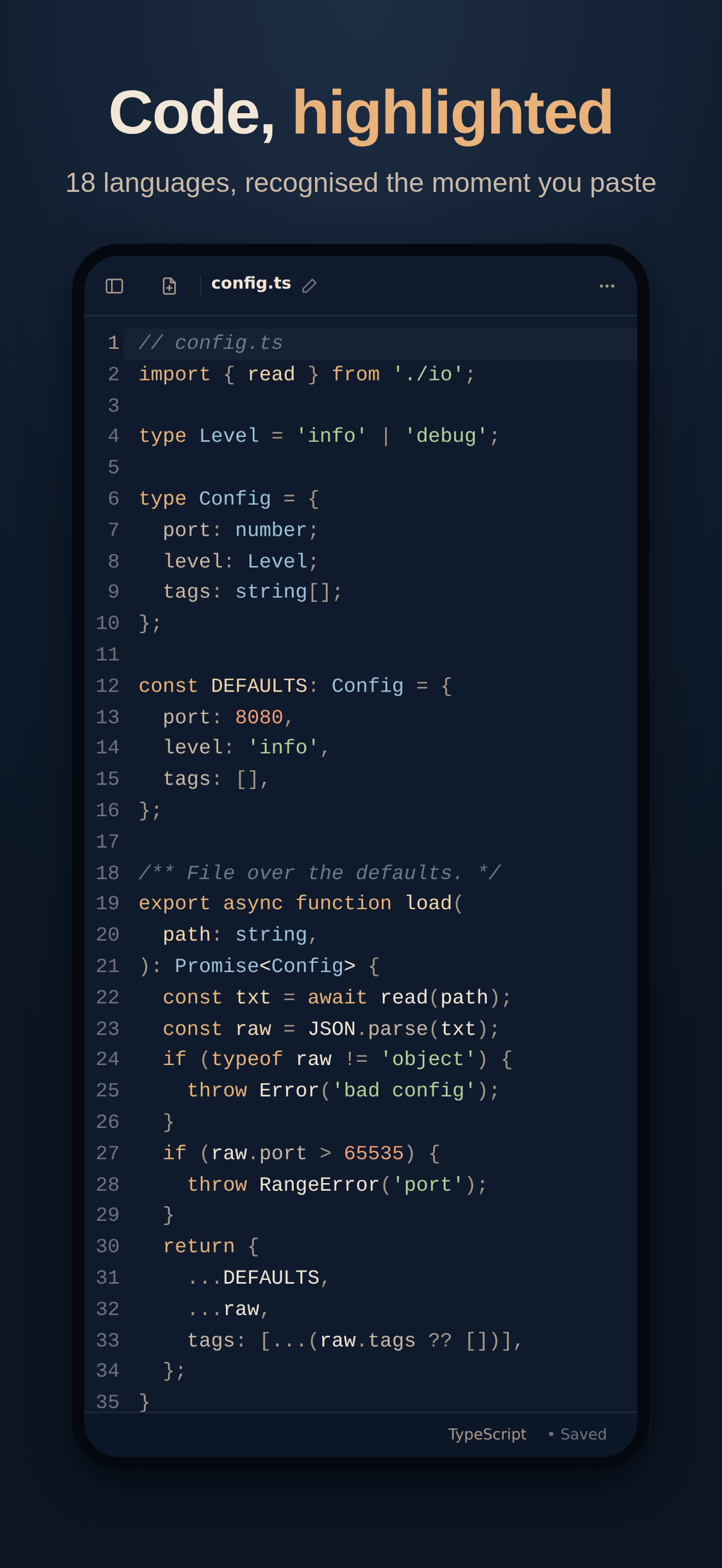 Code, highlighted. A TypeScript file with syntax highlighting.