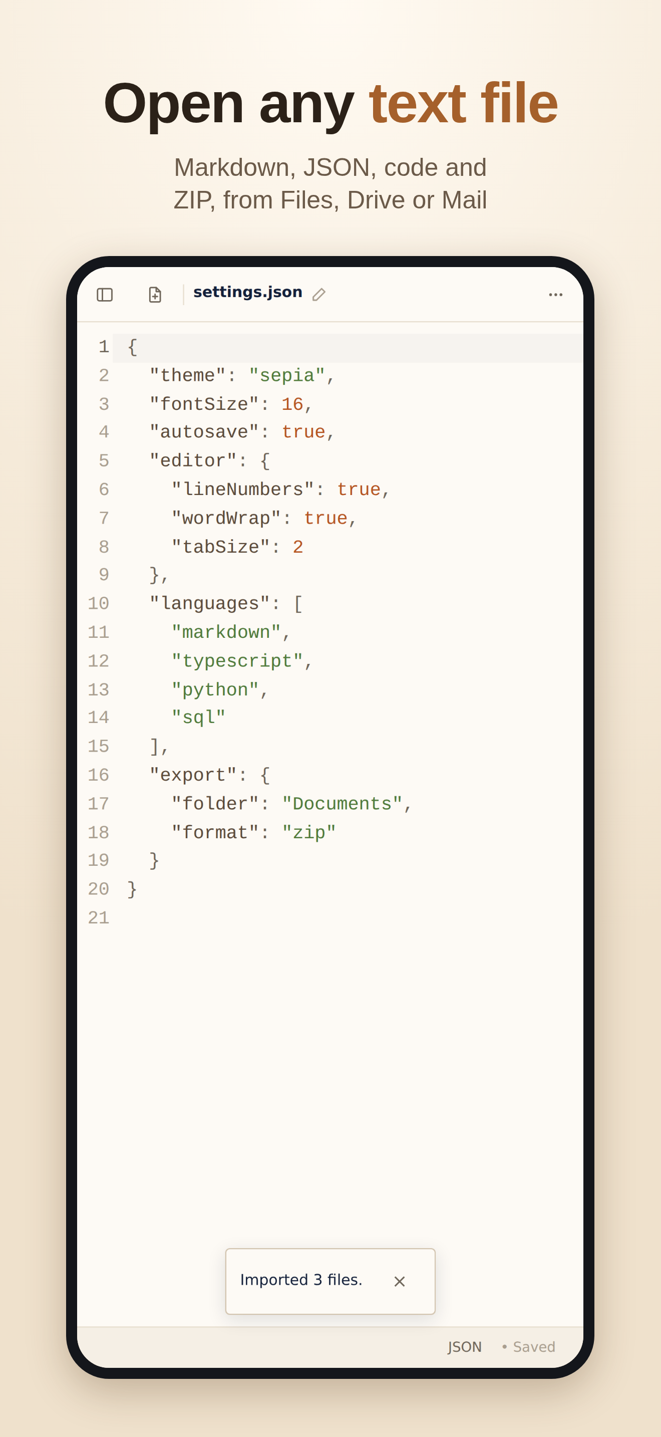 Open any text file. Three files just opened in Palim from another app.