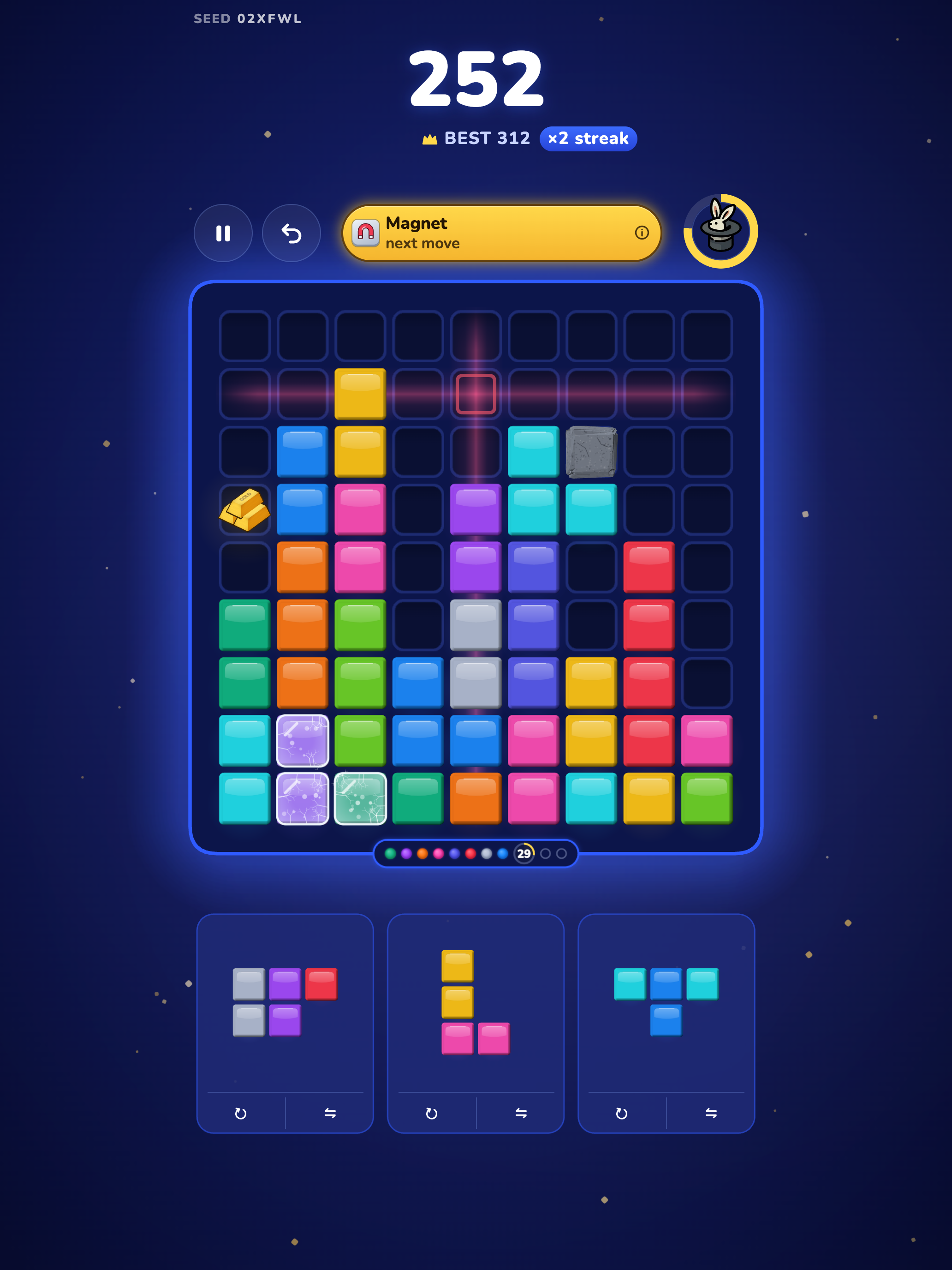 Quadro Pop on iPad: a game in progress: a 9 by 9 board of colored blocks with a score of 252, a best of 312 and a times-2 streak, a Magnet event due next move, and a tray of three pieces below.
