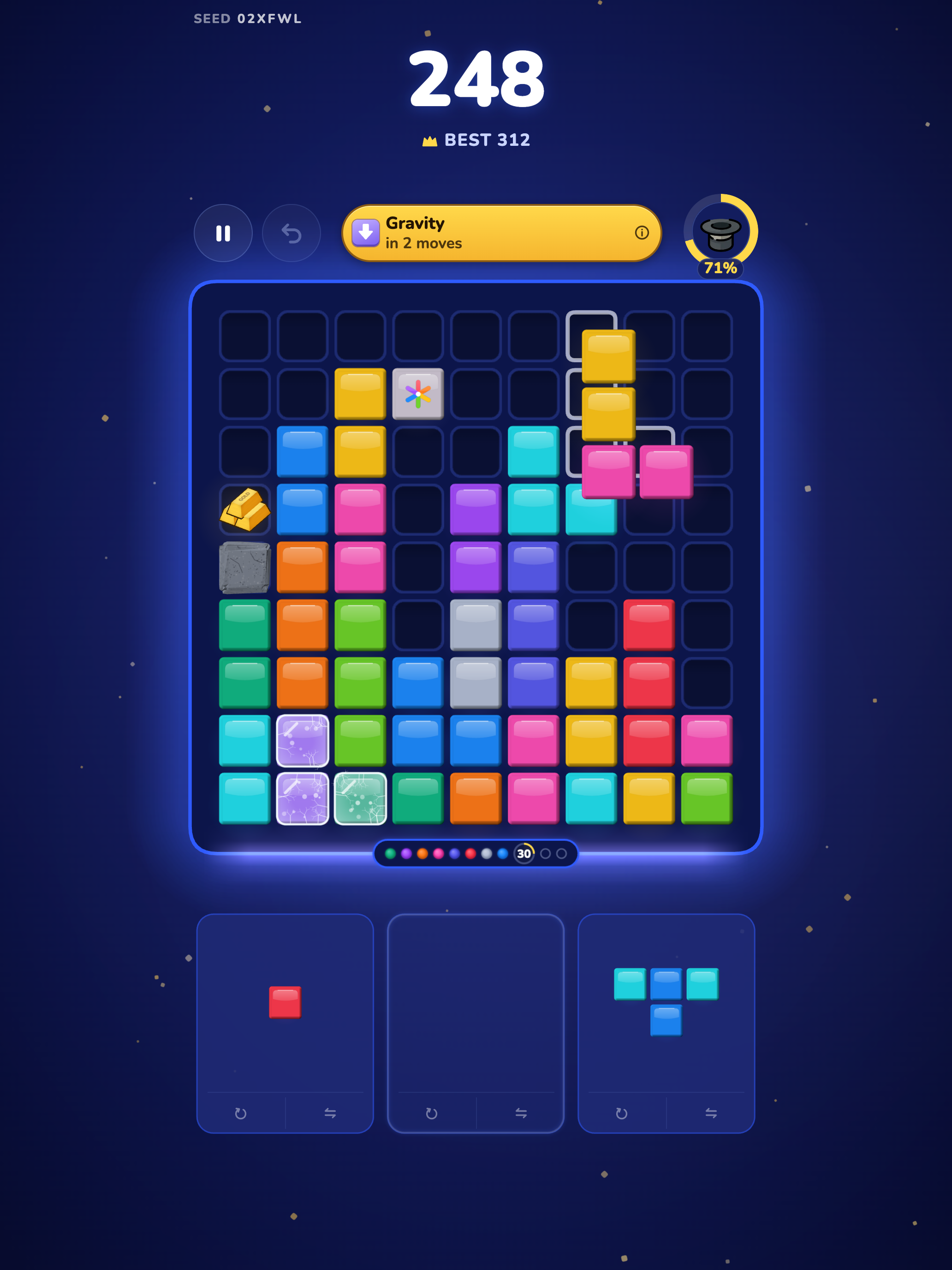 On iPad: an L-shaped yellow and pink piece being dragged onto the board, with a Gravity event due in 2 moves.