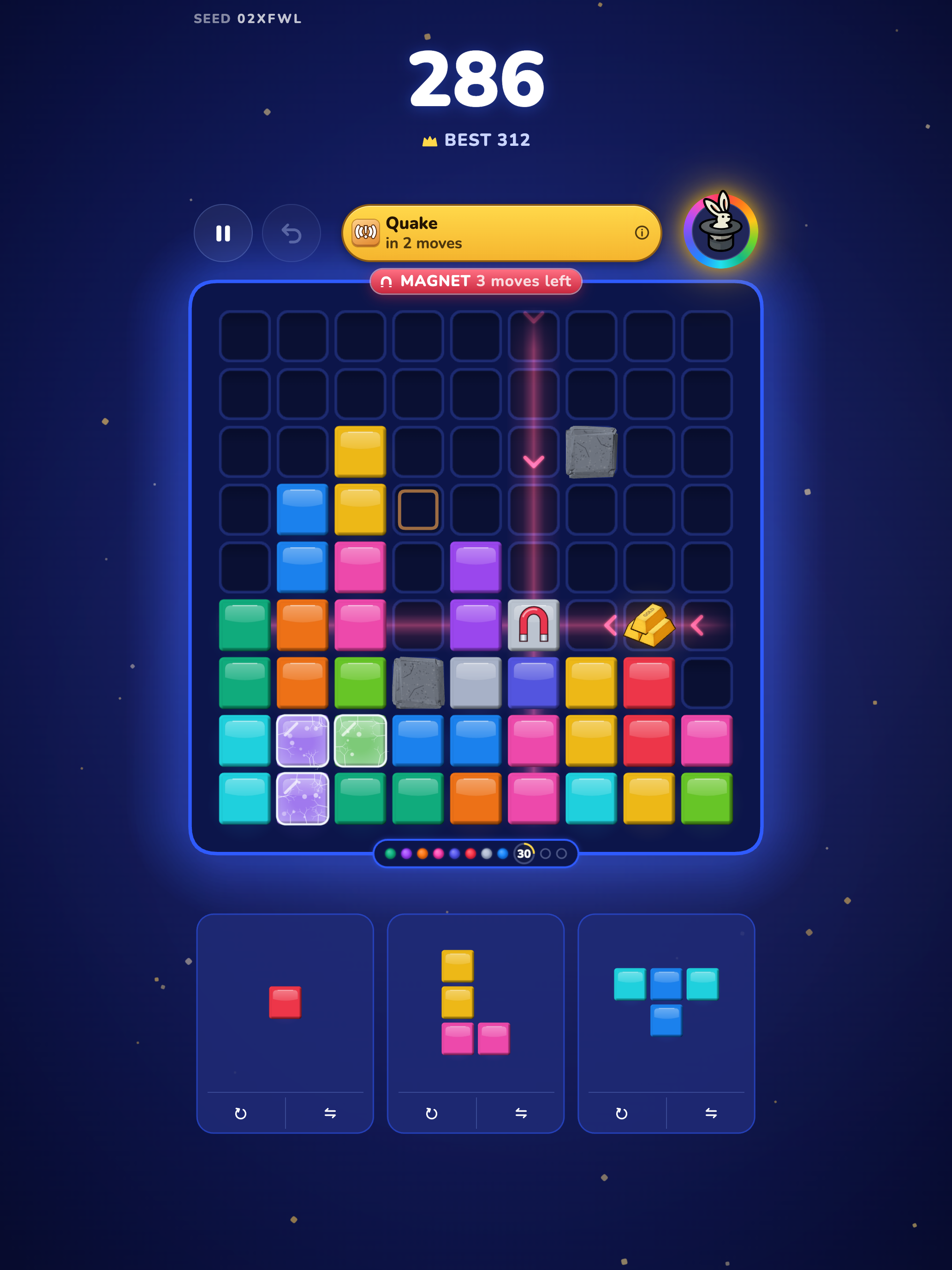 On iPad: a Magnet event active on the board with 3 moves left, pulling blocks toward it, and a Quake event due in 2 moves.