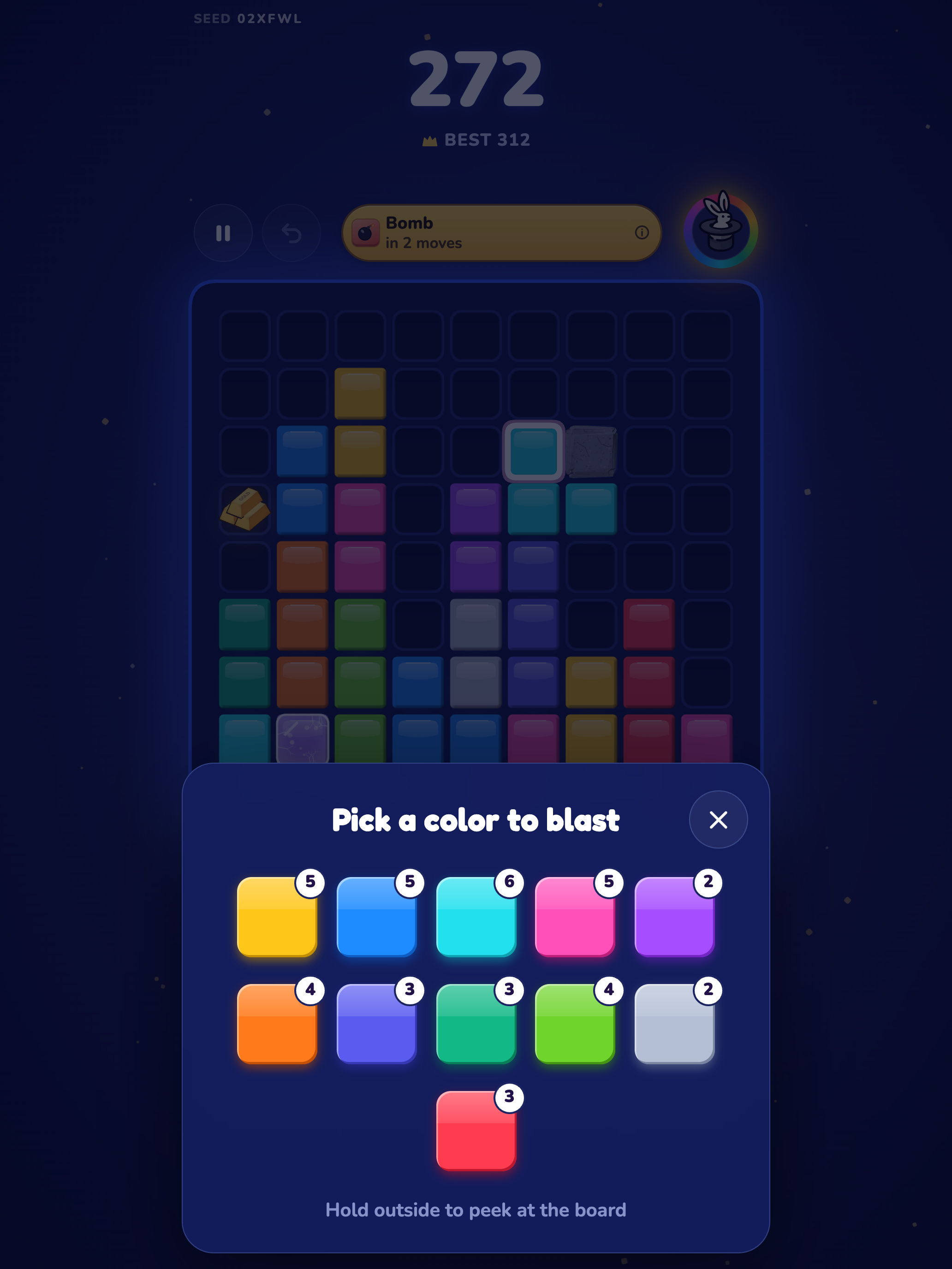 On iPad: the Color Blast picker over a dimmed board, headed Pick a color to blast, showing eleven colors each with the number of blocks it would clear.