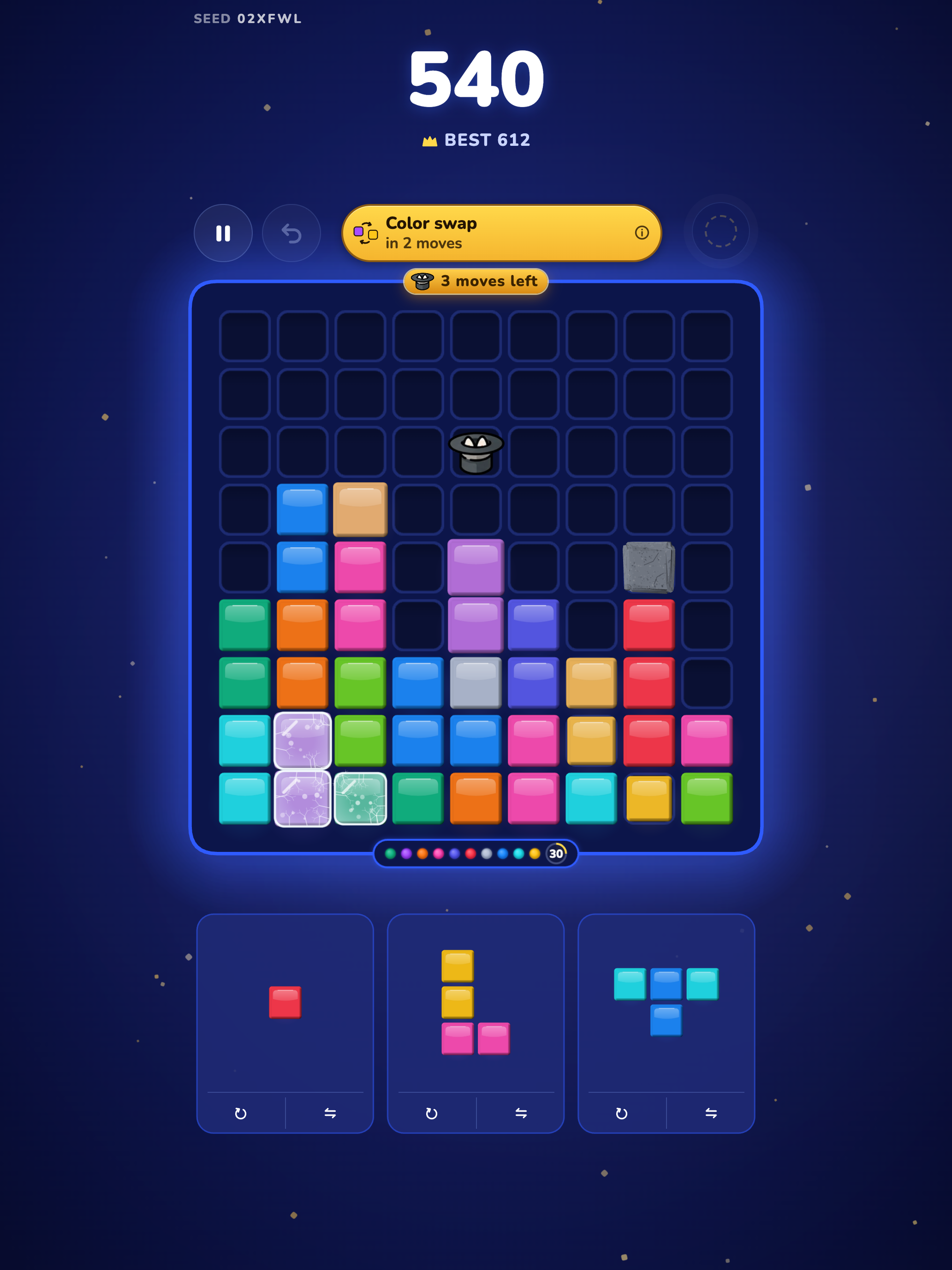 On iPad: tibbar’s magician hat sitting on the board among the blocks, with a score of 540 and a Color swap event due in 2 moves.