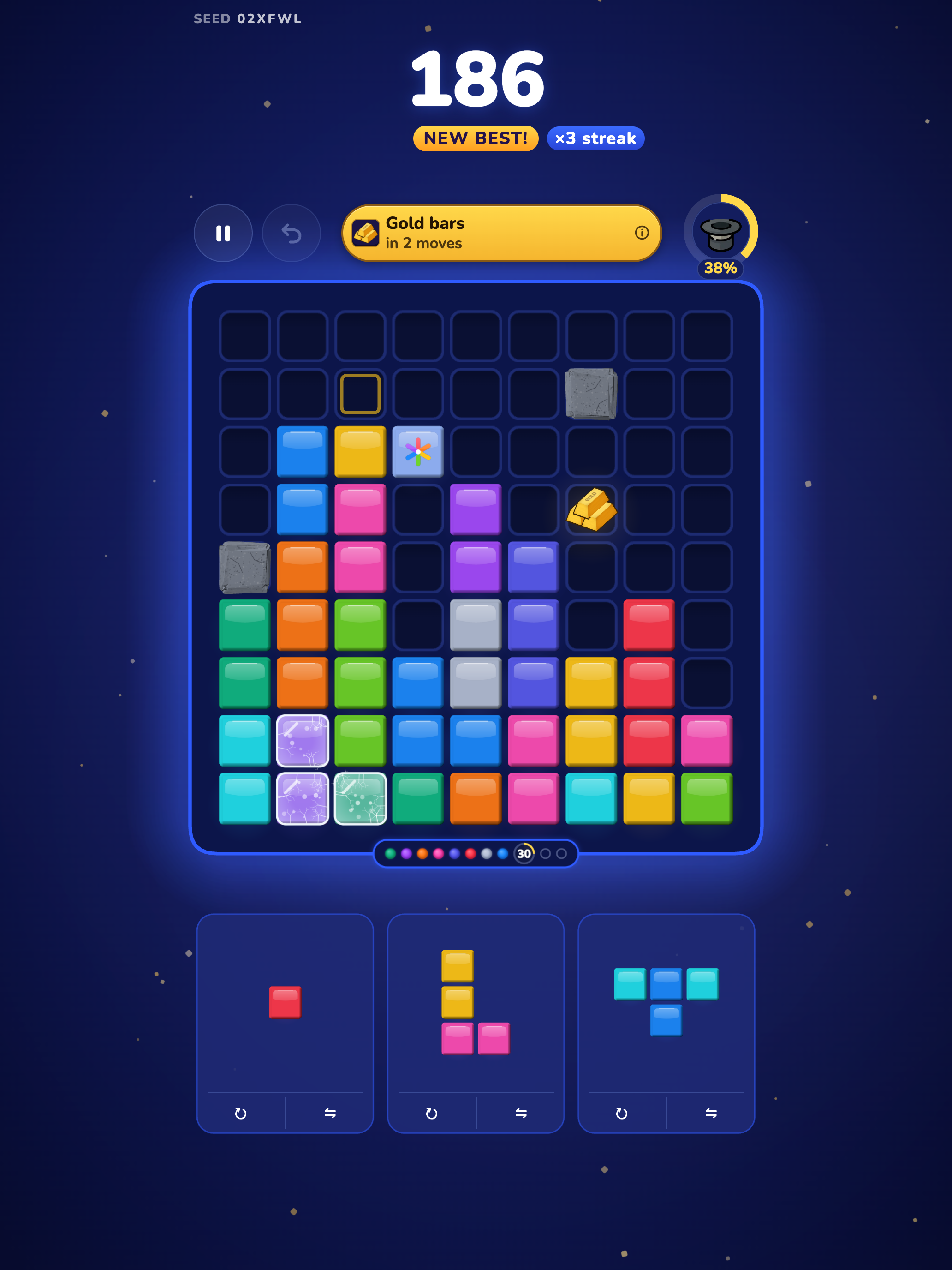 On iPad: a game with a NEW BEST badge and a times-3 streak under the score of 186, and a Gold bars event due in 2 moves.