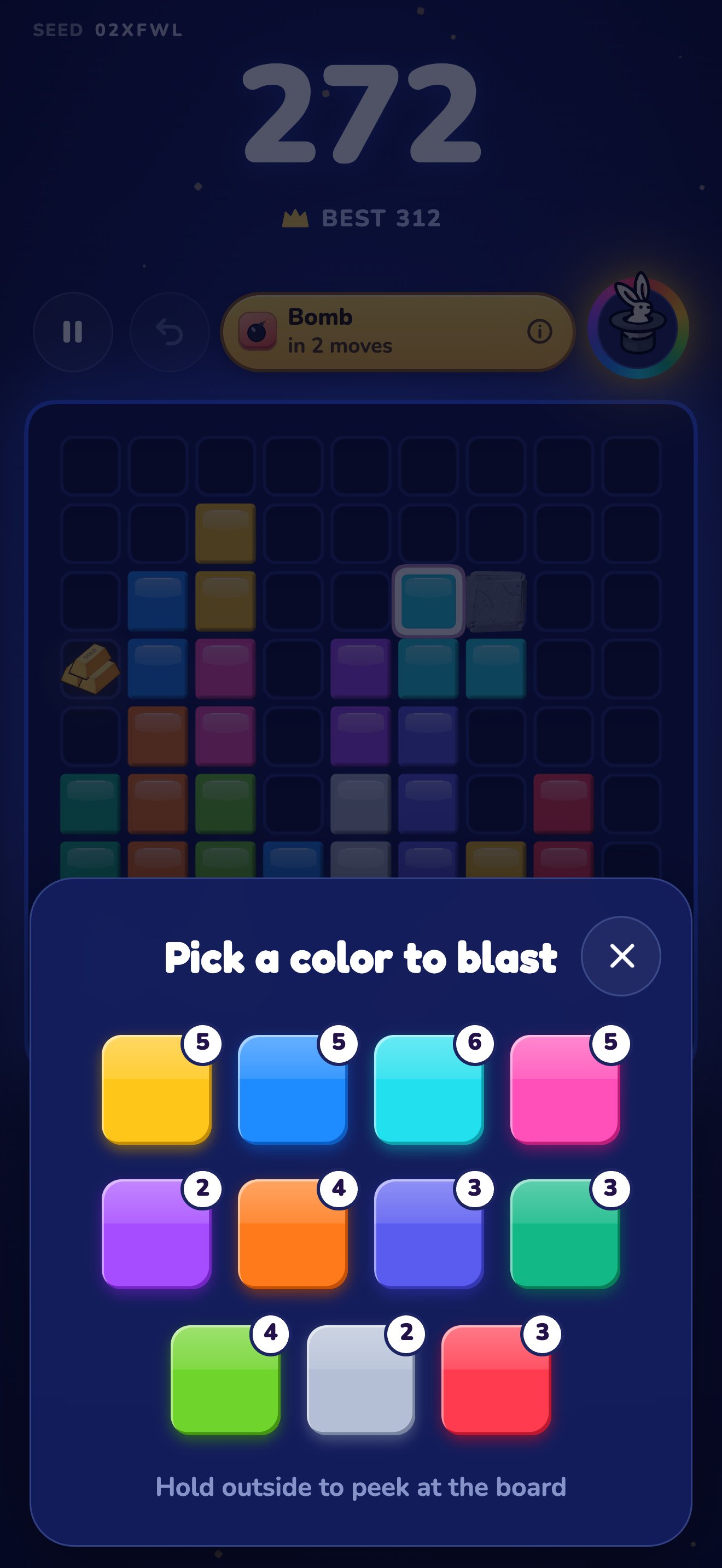 The Color Blast picker over a dimmed board, headed Pick a color to blast, showing eleven colors each with the number of blocks it would clear.