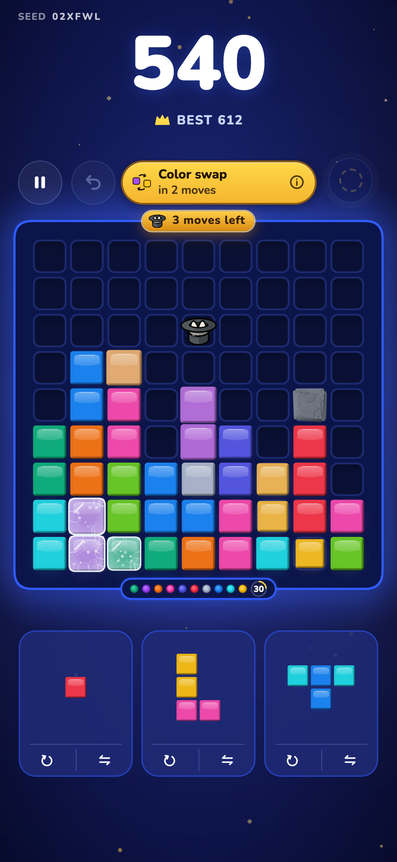 Tibbar’s magician hat sitting on the board among the blocks, with a score of 540 and a Color swap event due in 2 moves.