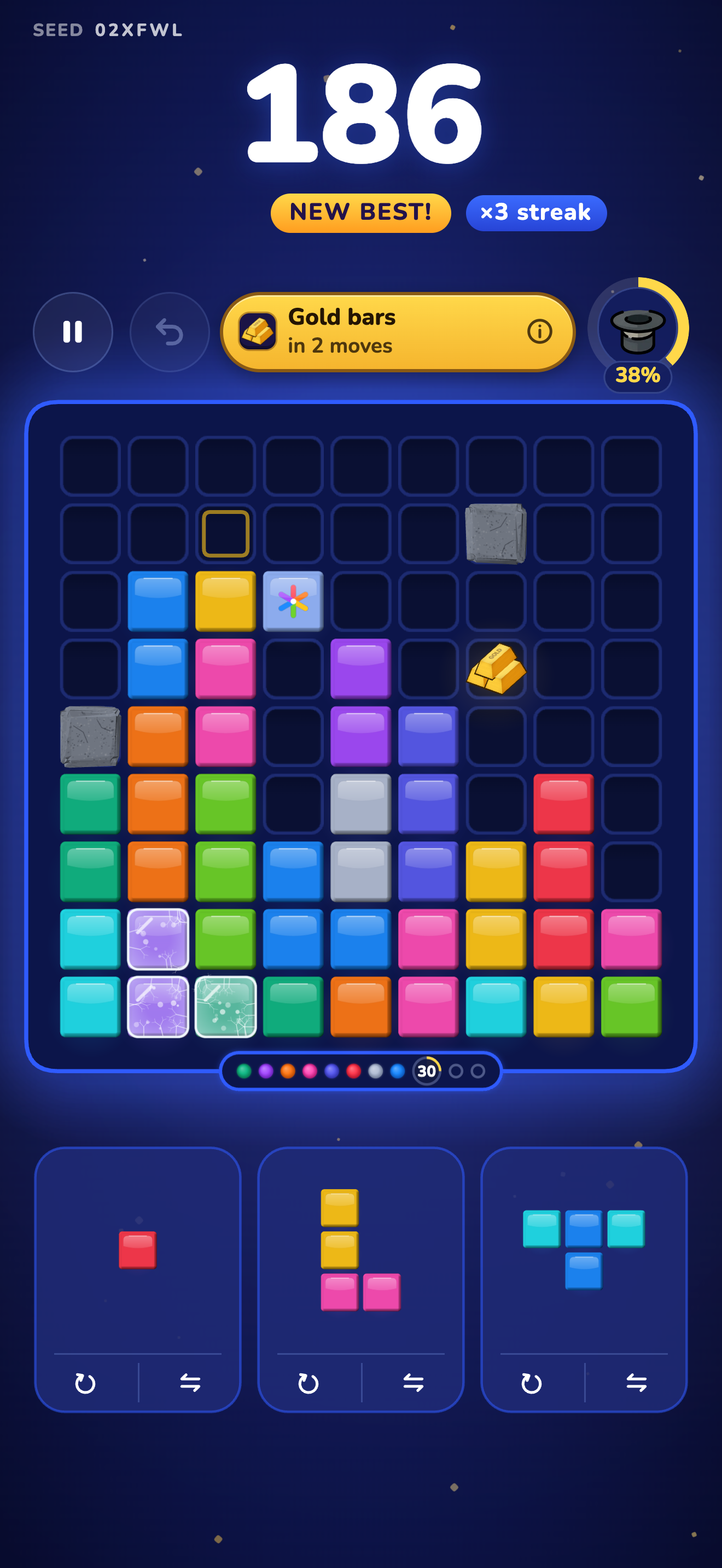 A game with a NEW BEST badge and a times-3 streak under the score of 186, and a Gold bars event due in 2 moves.