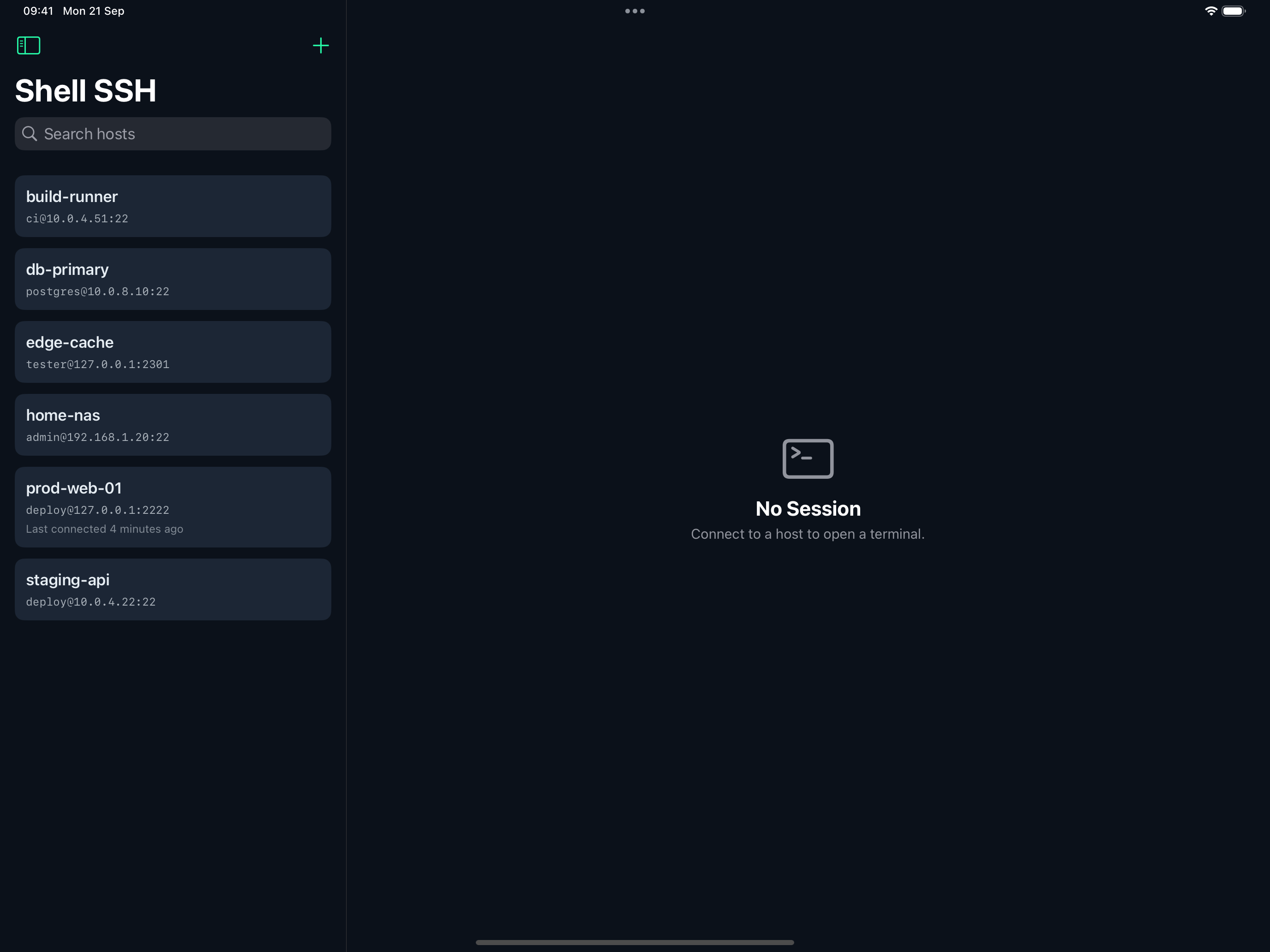The Shell SSH host list on iPad in landscape, showing saved servers.