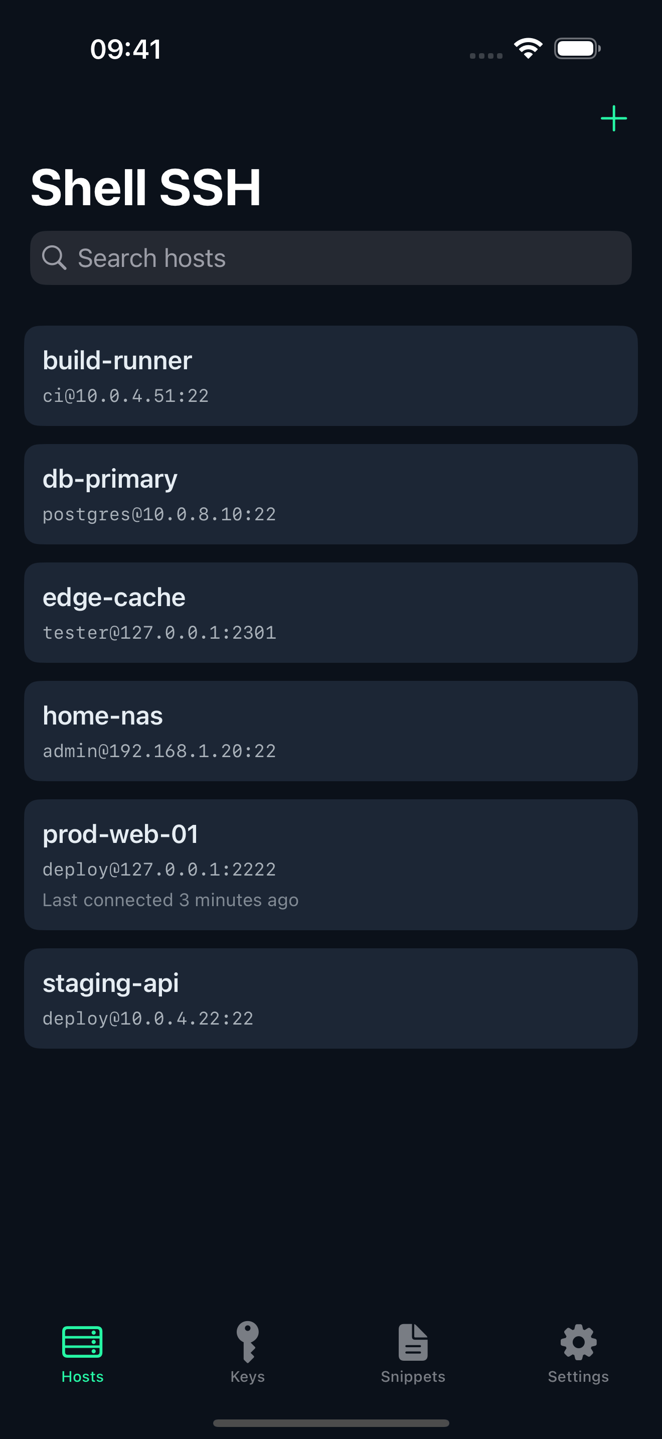 The host list in Shell SSH, showing saved servers with their address, port and username, and a search field above them.
