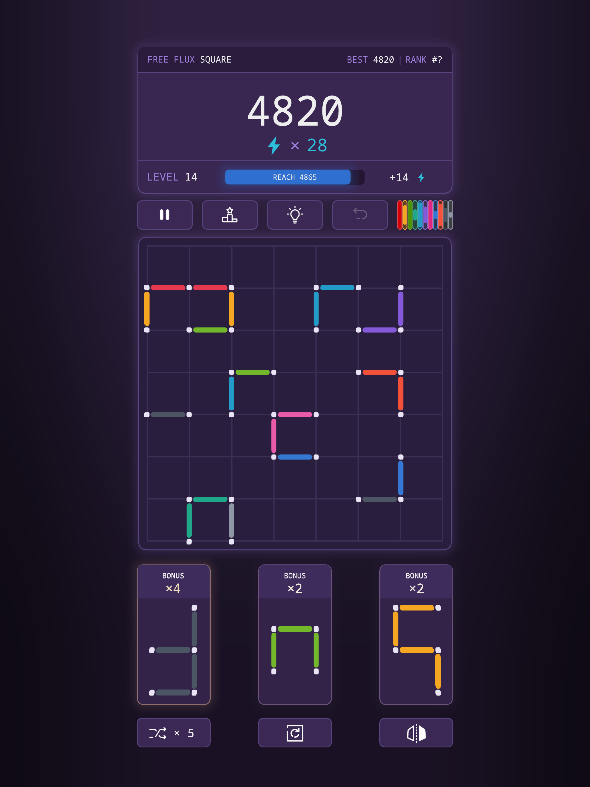 A Square 'em All game in progress: a 7 by 7 grid part-filled with coloured line segments, the score 4820 above it, 28 moves remaining, and three shapes waiting in slots marked BONUS times 4, times 2 and times 2.