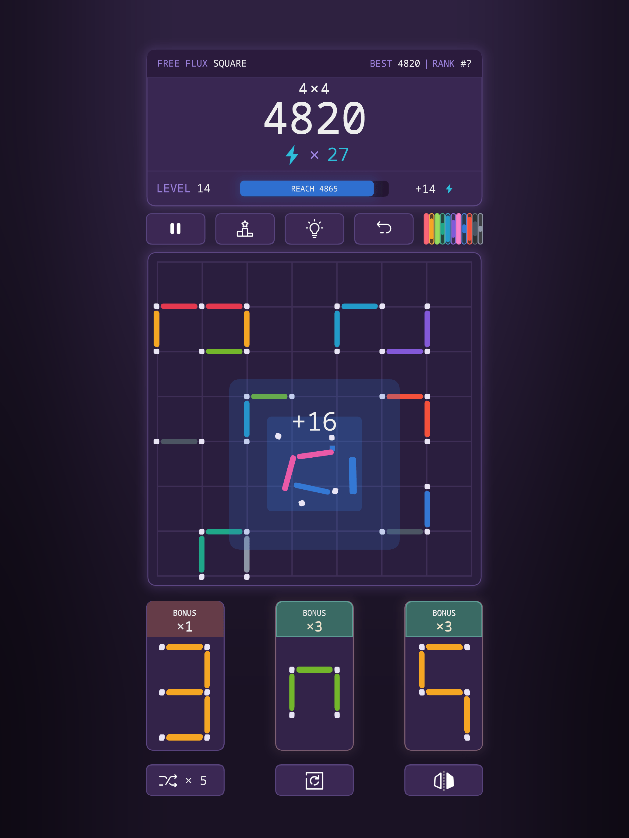 A square clearing on the board, a burst of loose line segments with the figure plus 16 over it and a 4 by 4 label above the score.