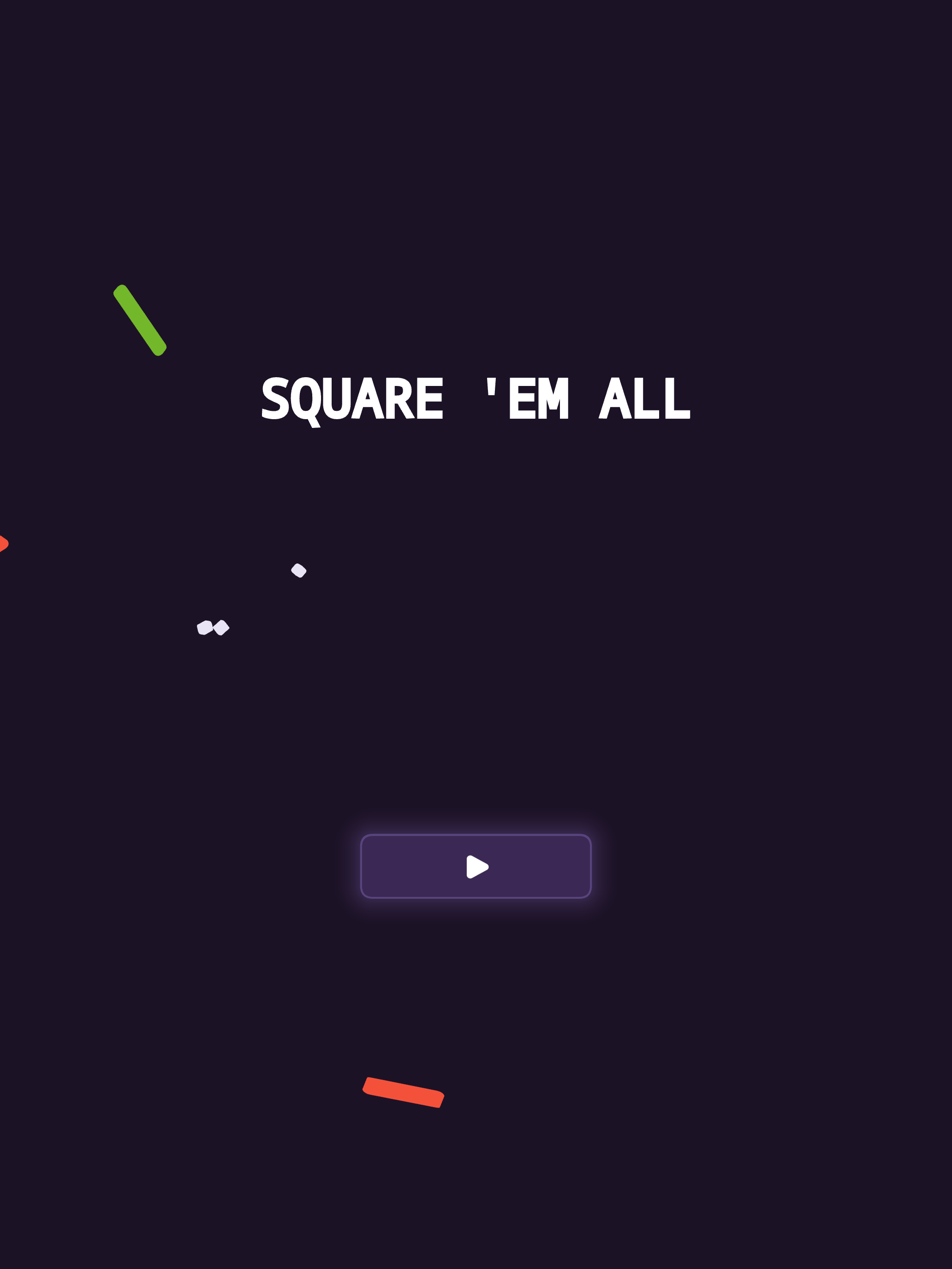 The Square 'em All title screen: the game's name in white over a dark violet background with a single play button.