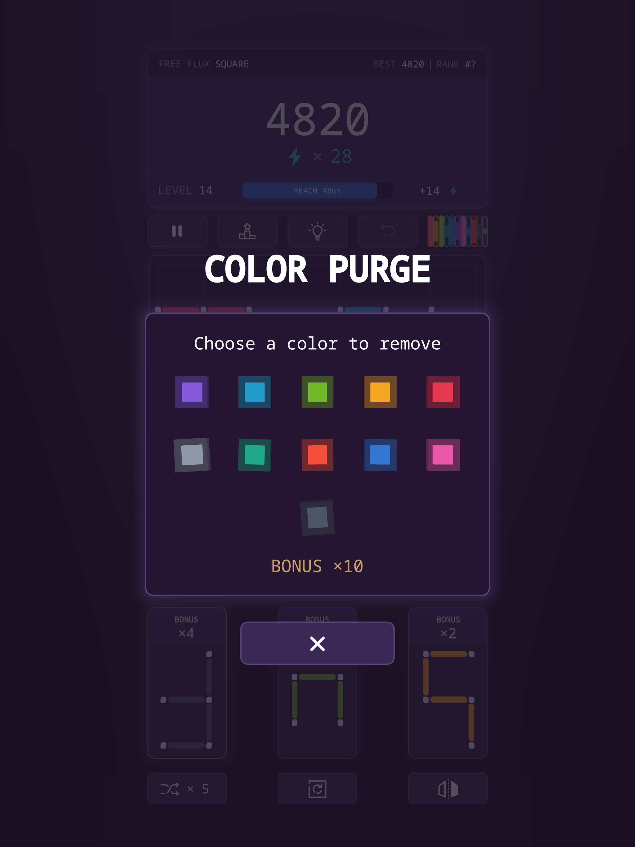The Color Purge dialog, headed “Choose a color to remove”, showing eleven colour swatches and the caption BONUS times 10.