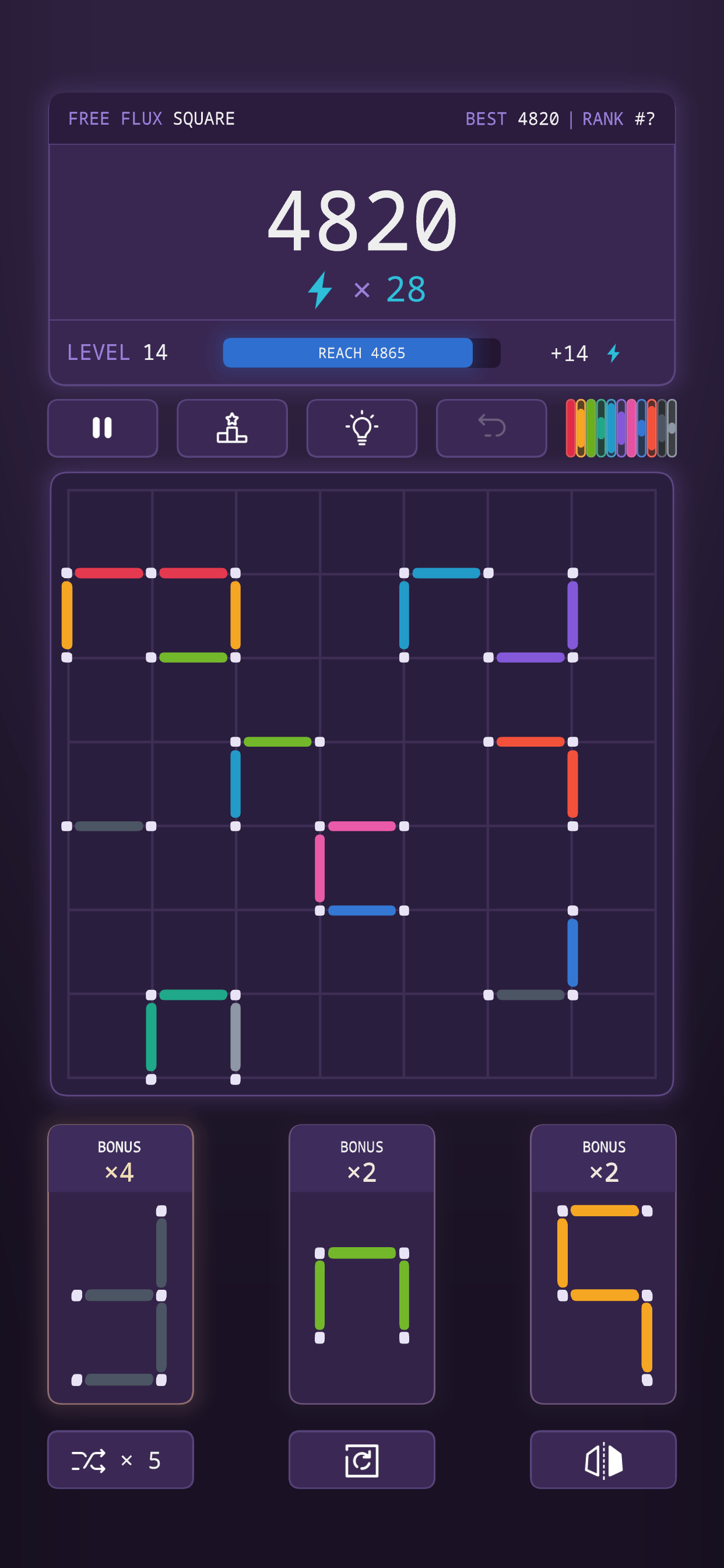 A Square 'em All game in progress on iPhone: a 7 by 7 grid part-filled with coloured line segments, the score 4820, 28 moves remaining, and three shapes waiting in slots.