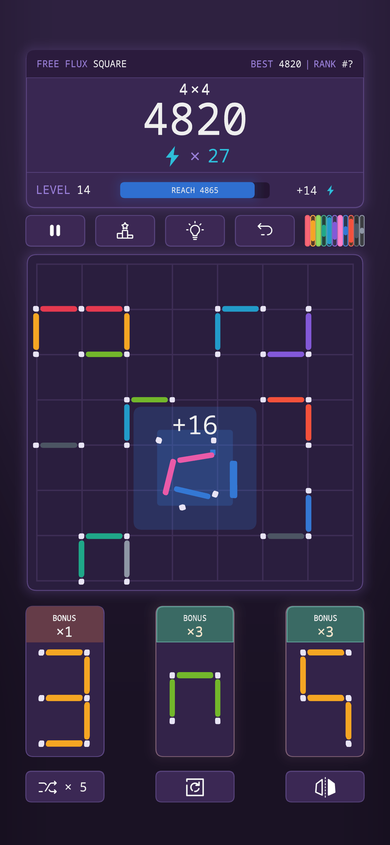 A square clearing on the board, a burst of loose line segments with the figure plus 16 over it and a 4 by 4 label above the score.