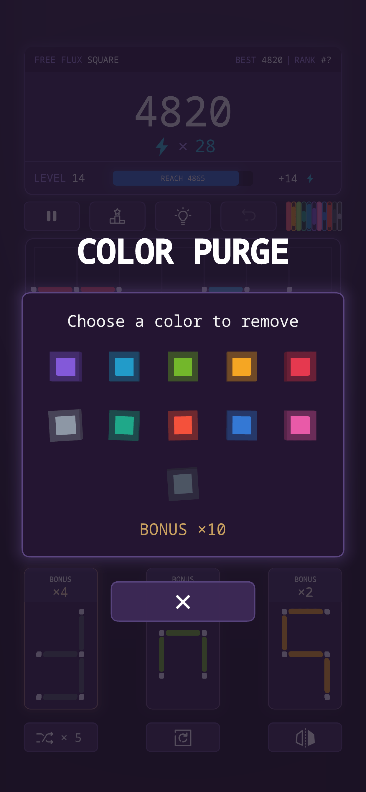 The Color Purge dialog, headed “Choose a color to remove”, showing eleven colour swatches and the caption BONUS times 10.
