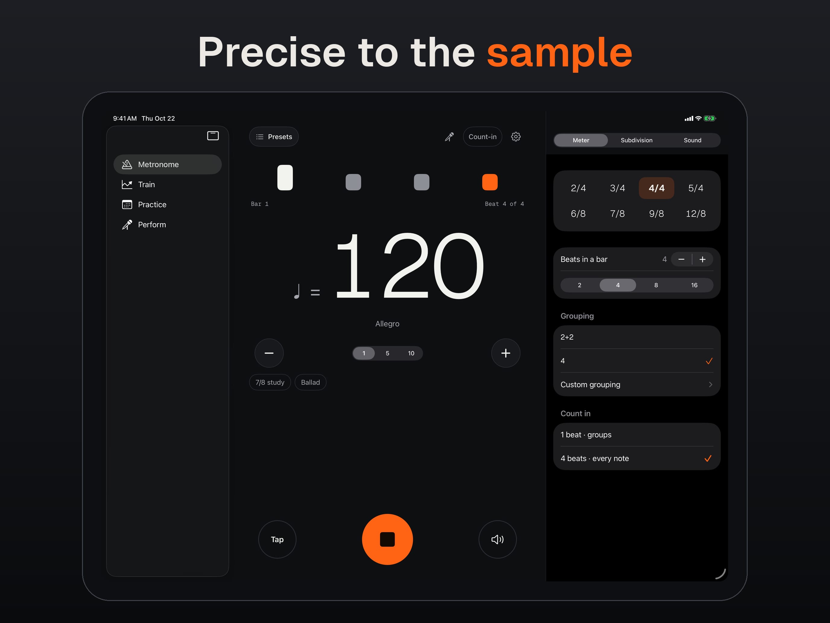 On iPad. Precise to the sample. The metronome playing at 120 beats per minute in 4/4, the fourth beat sounding in orange.