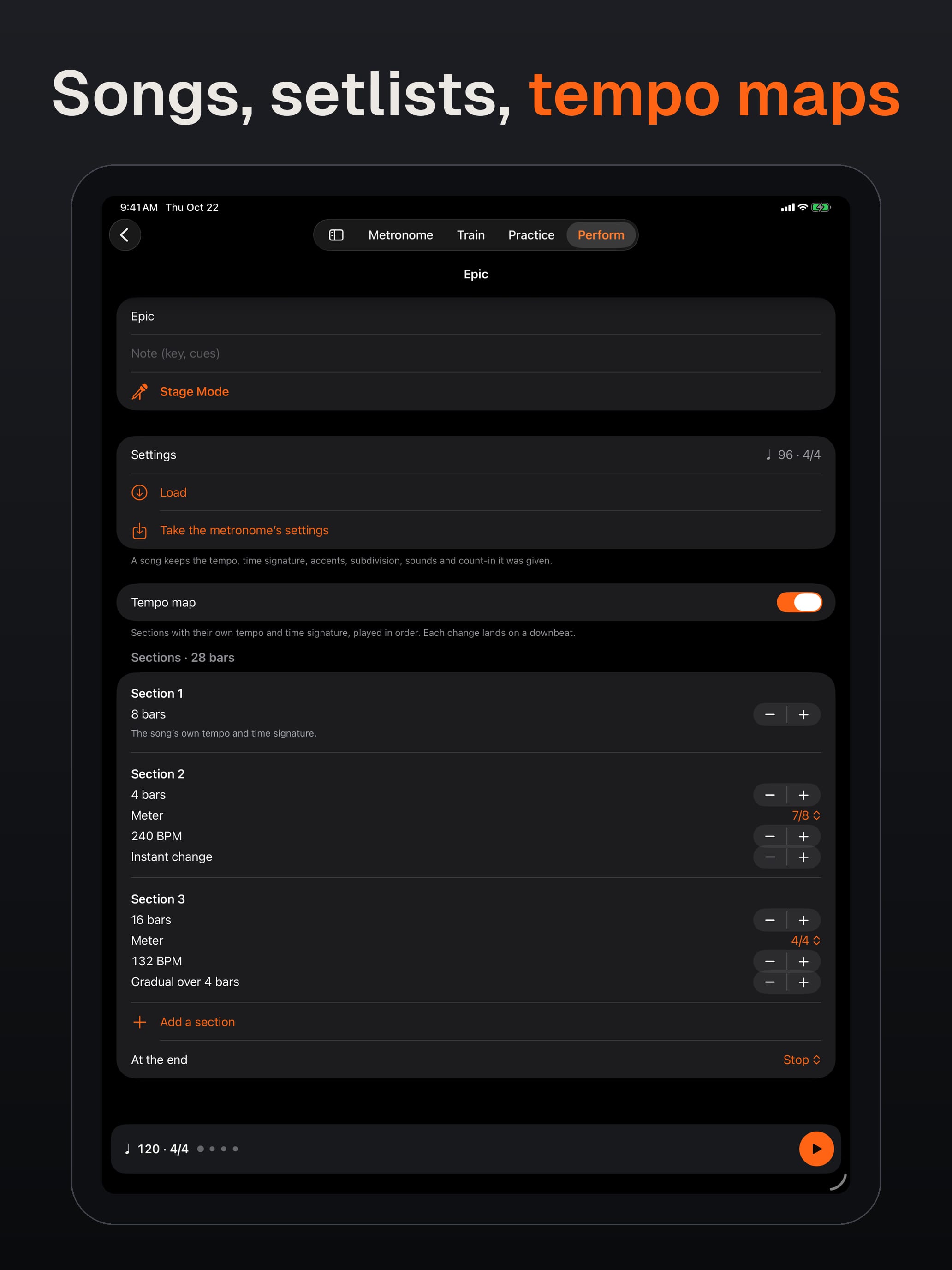 On iPad. Songs, setlists, tempo maps. A song with its settings, Stage Mode link and a tempo map of sections.