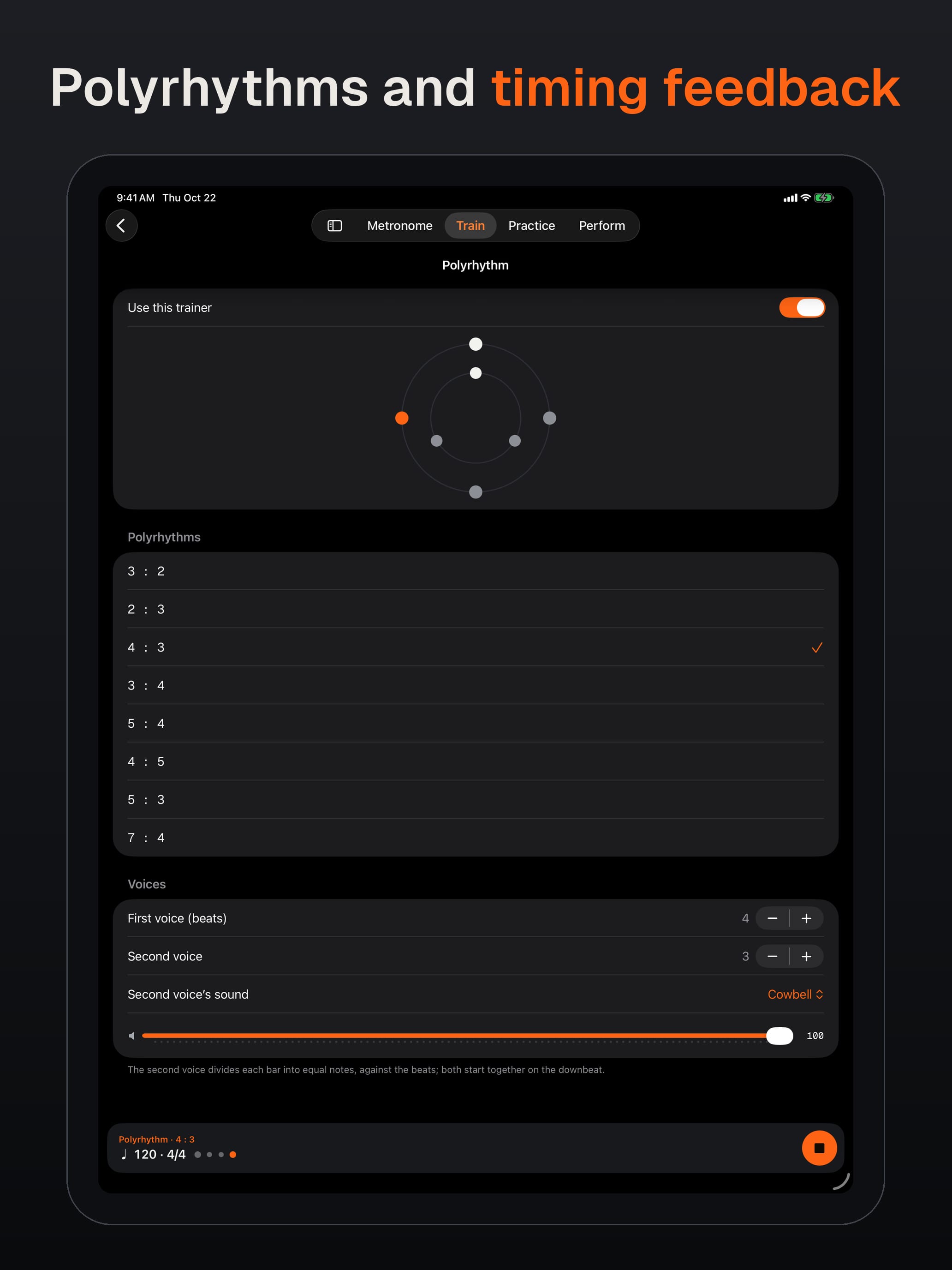 On iPad. Polyrhythms and timing feedback. The Polyrhythm trainer with 4 against 3 chosen.