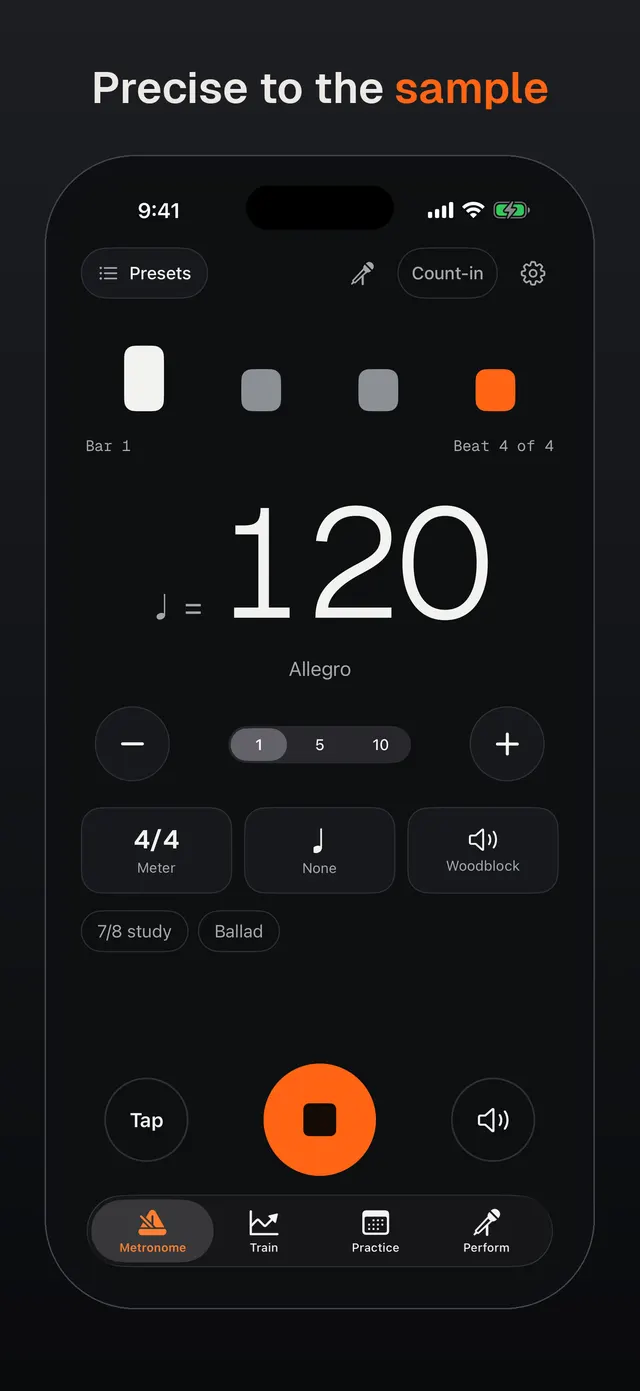 Taktap on iPhone: the metronome playing at 120 beats per minute