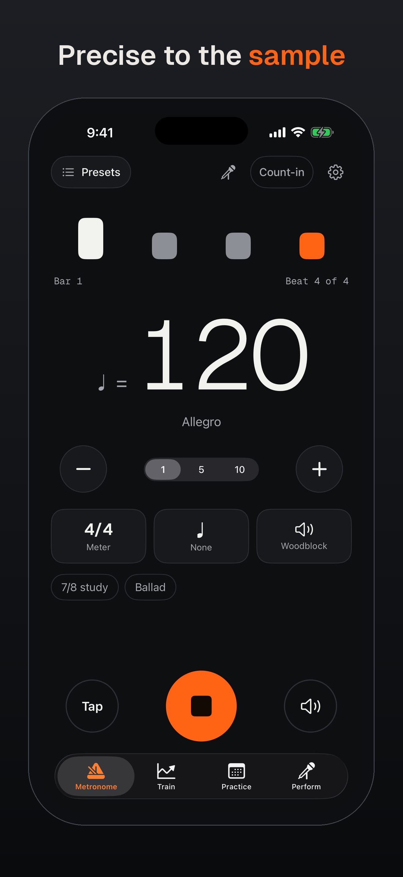 Taktap on iPhone: the metronome playing at 120 beats per minute in 4/4, under the caption Precise to the sample.