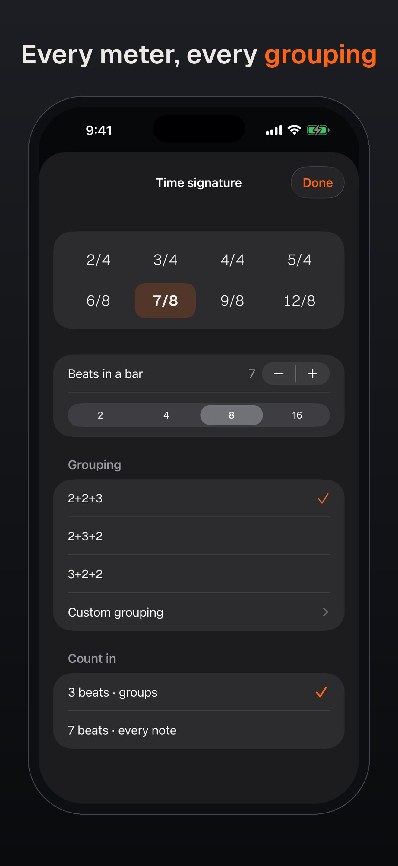 Every meter, every grouping. The time signature sheet with 7/8 grouped as 2+2+3.