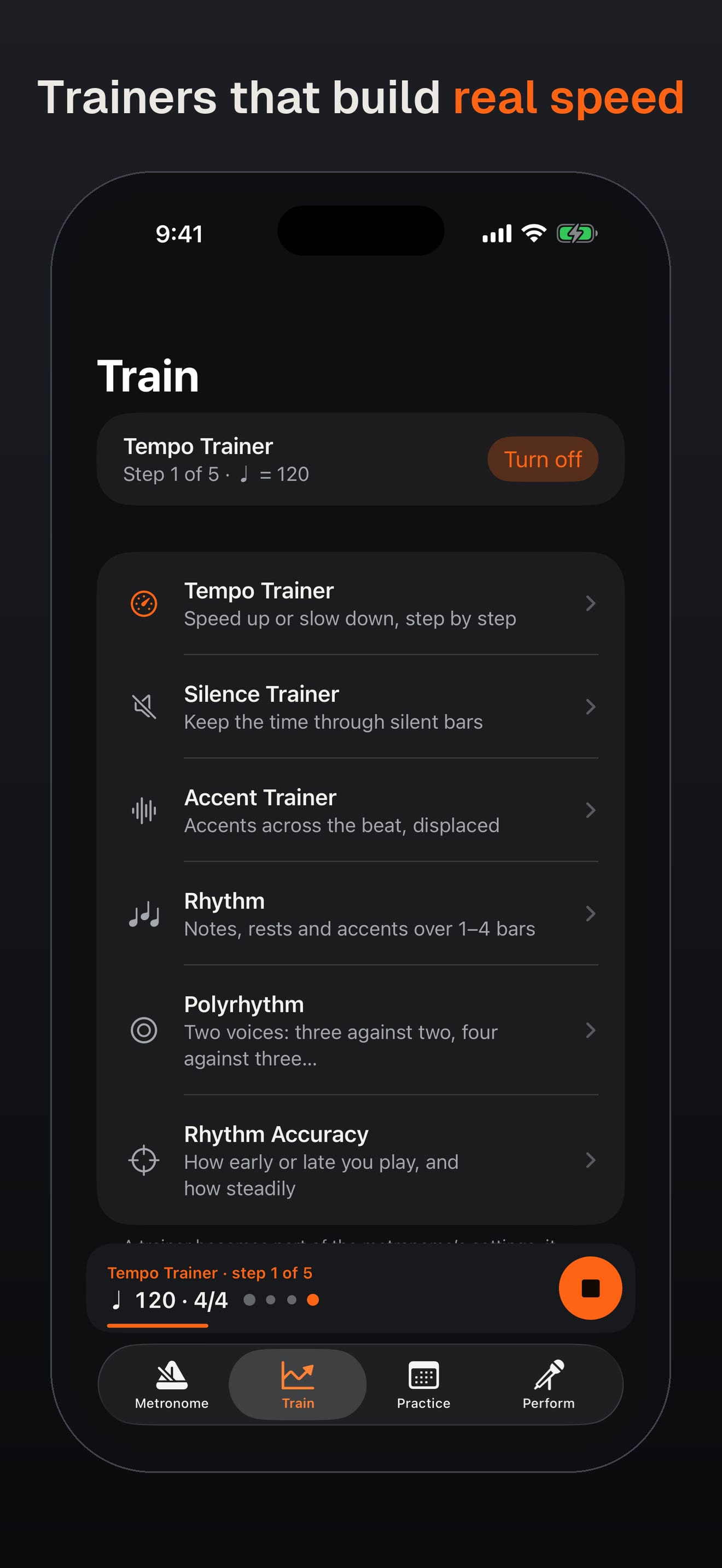 Trainers that build real speed. The Train tab with the Tempo Trainer playing, step 1 of 5.