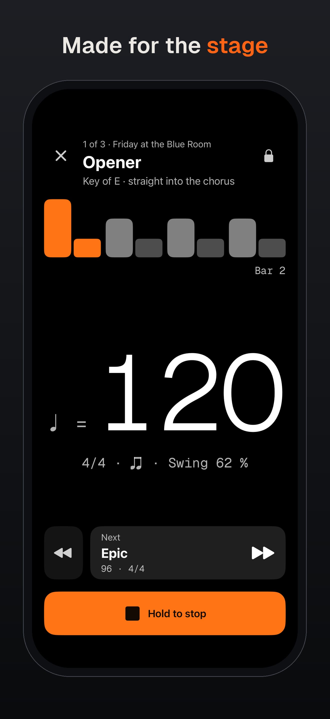 Made for the stage. Stage Mode: Opener, first in the setlist Friday at the Blue Room, a huge 120 in 4/4, swung eighths at 62 percent, bar 2, the next song and a hold-to-stop button.