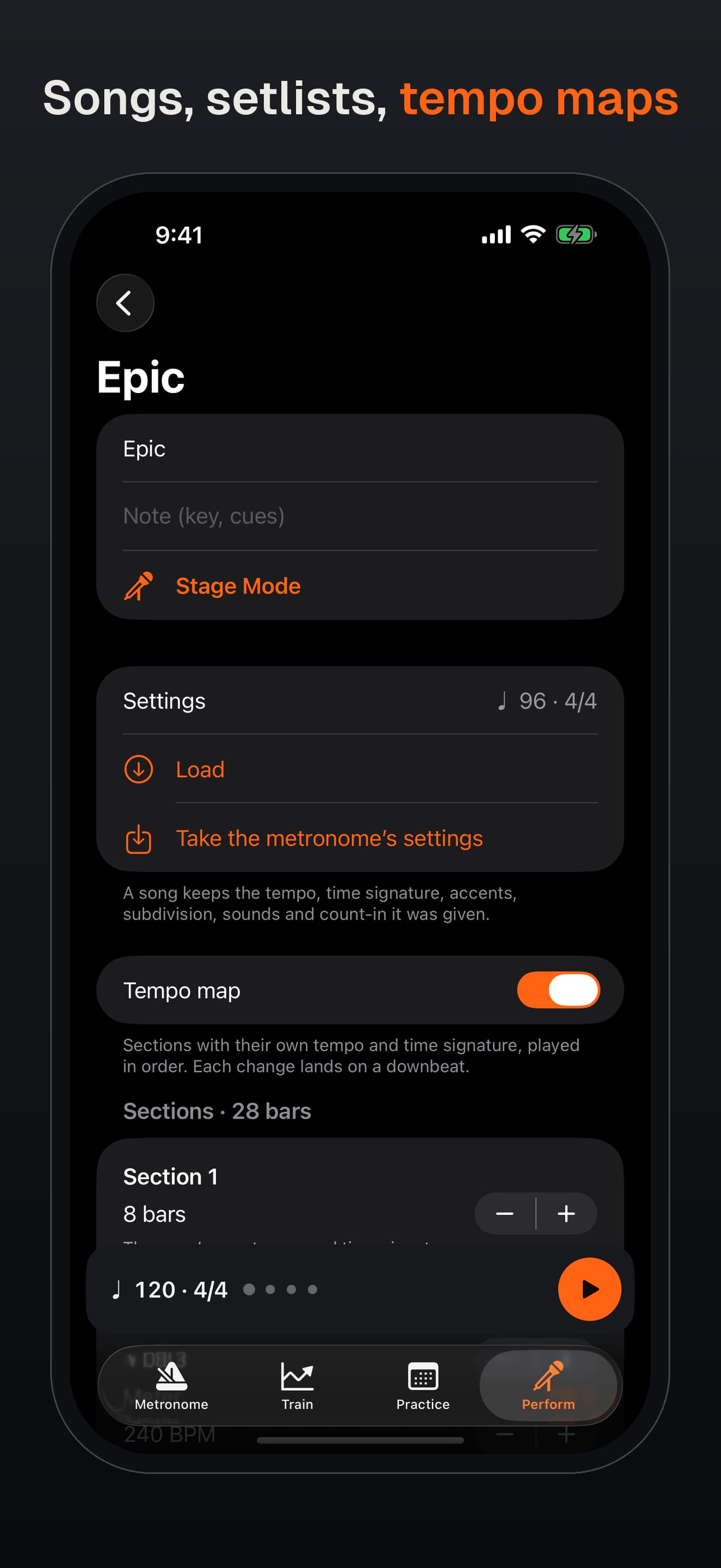 Songs, setlists, tempo maps. A song with its settings, Stage Mode link and a tempo map of sections.